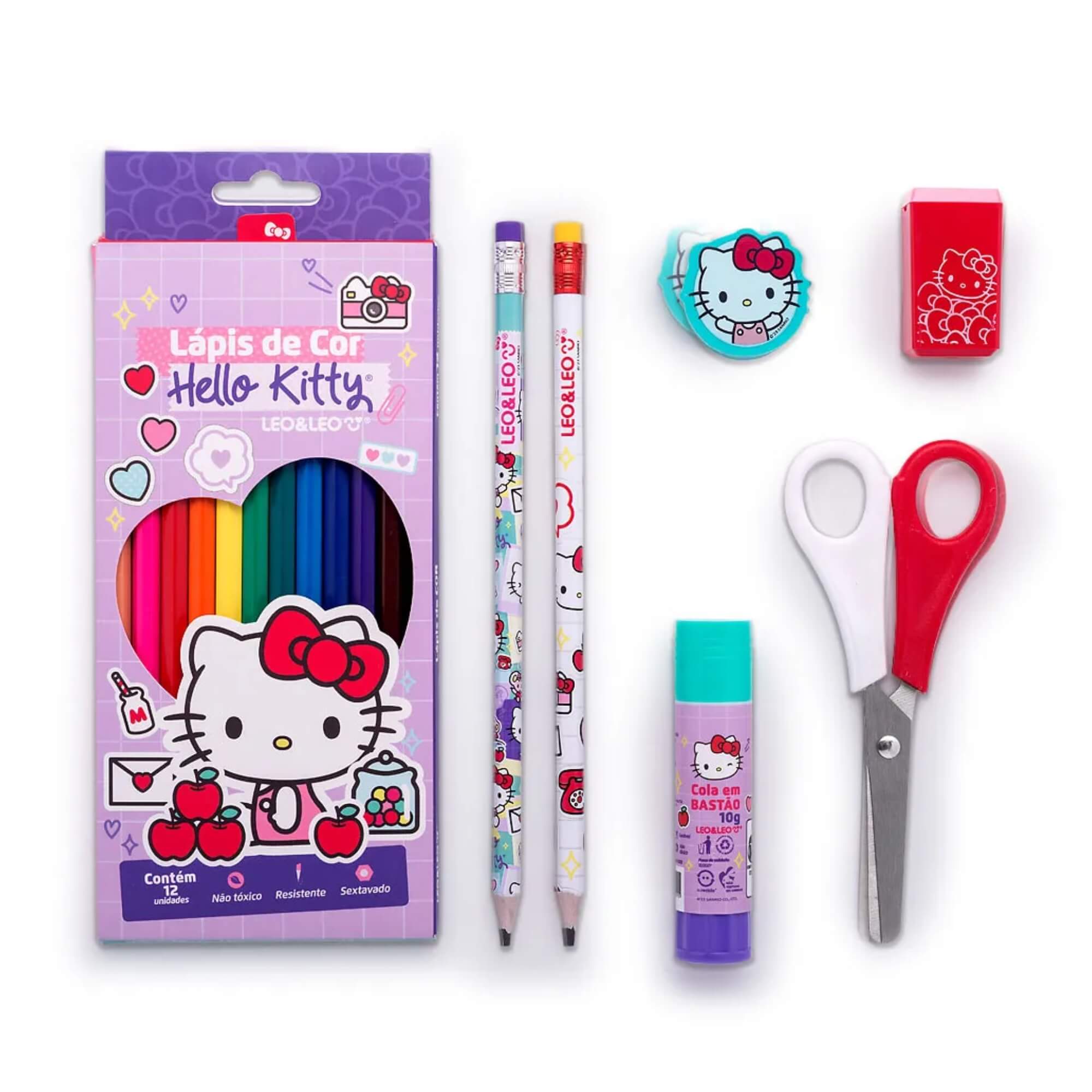Kit Lápis De Cor 12 Cores Hello Kitty Caixa + Acessórios Leo&Leo Leonora - 71616