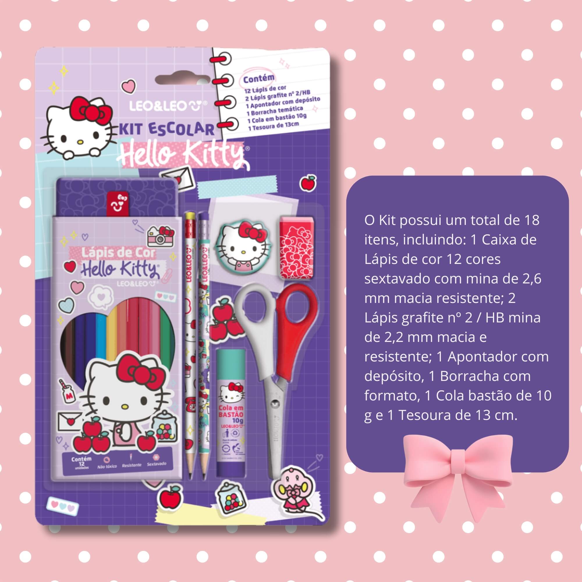 Kit Lápis De Cor 12 Cores Hello Kitty Caixa + Acessórios Leo&Leo Leonora - 71616