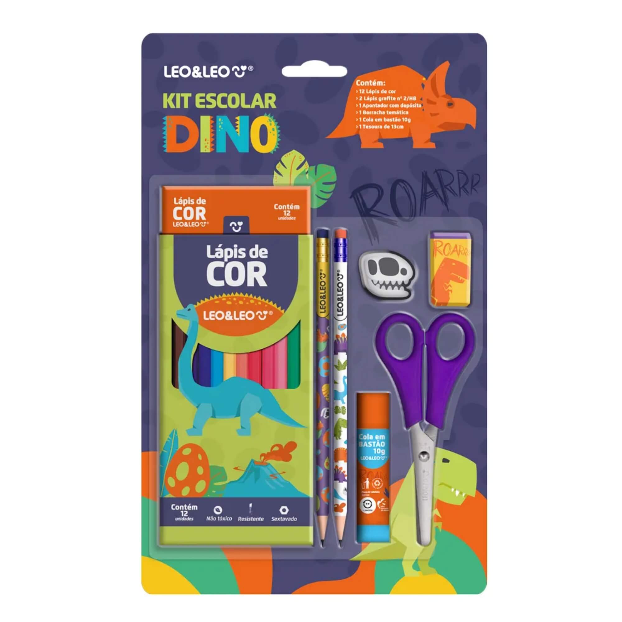 Kit Lápis de Cor 12 Cores Dino Caixa + Acessórios Leo&Leo Leonora - 71617