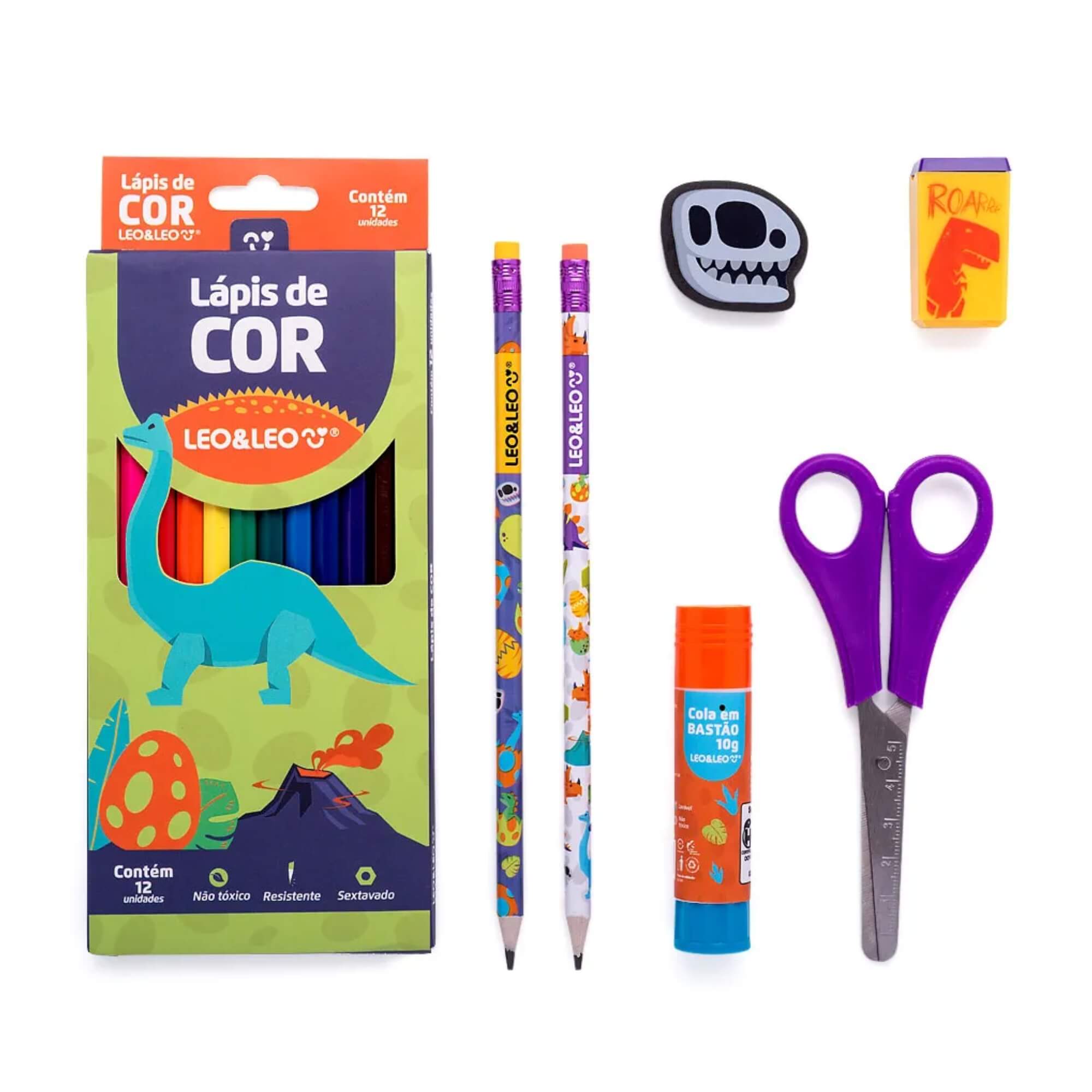 Kit Lápis de Cor 12 Cores Dino Caixa + Acessórios Leo&Leo Leonora - 71617