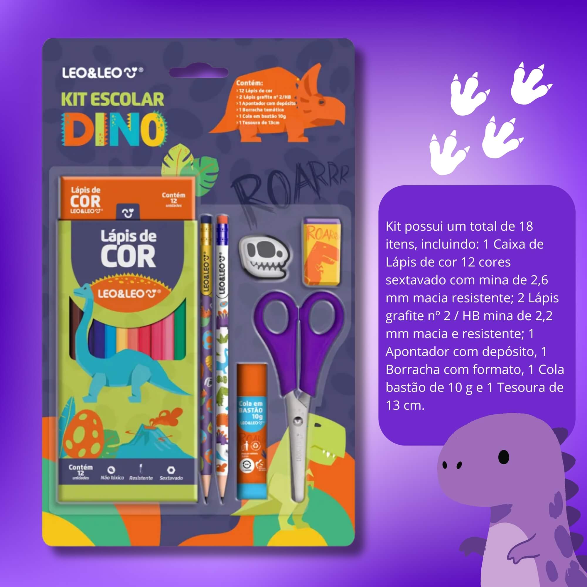Kit Lápis de Cor 12 Cores Dino Caixa + Acessórios Leo&Leo Leonora - 71617