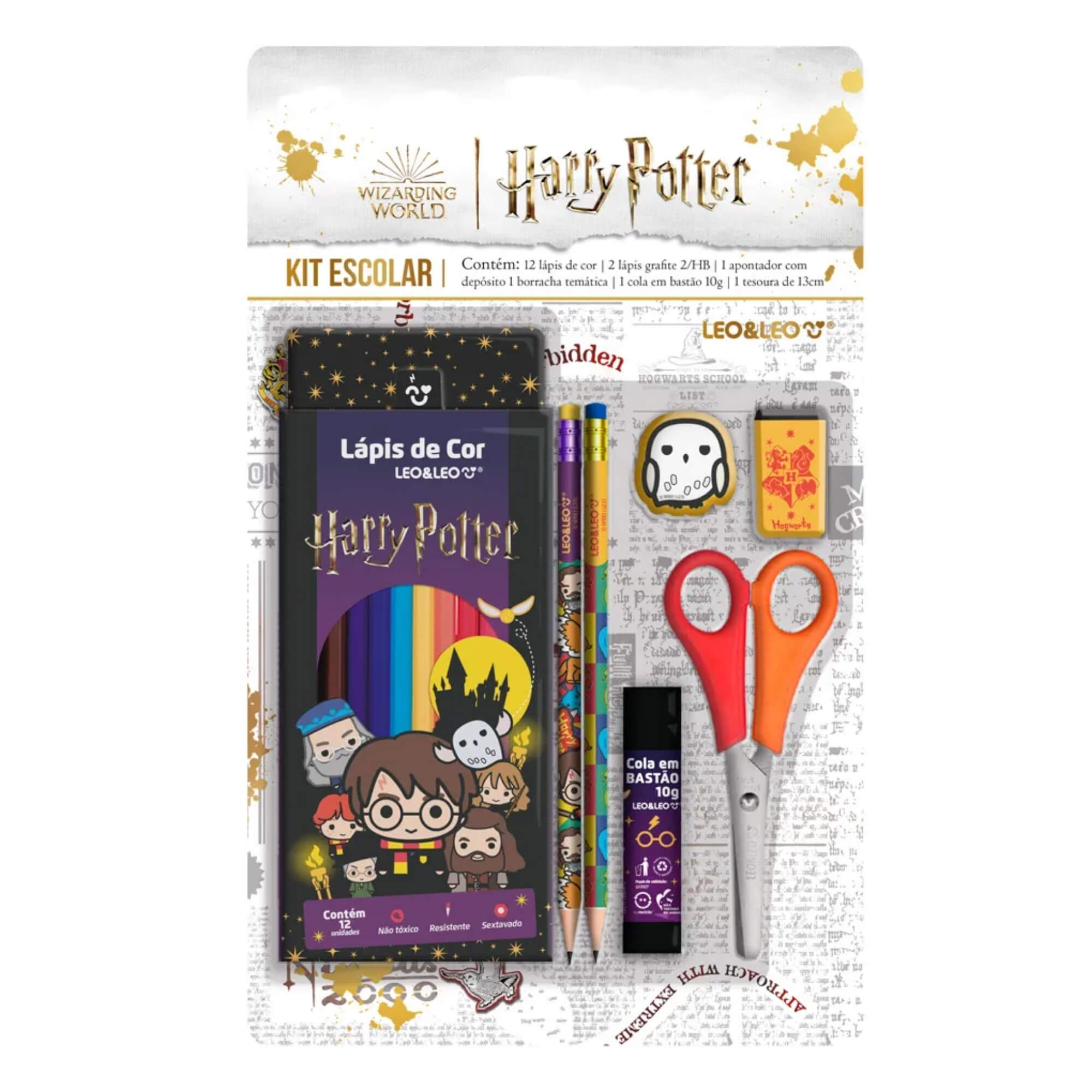 Kit Escolar com Lápis de Cor 12 Cores e Acessórios Harry Potter Leo&Leo Leonora - 71621