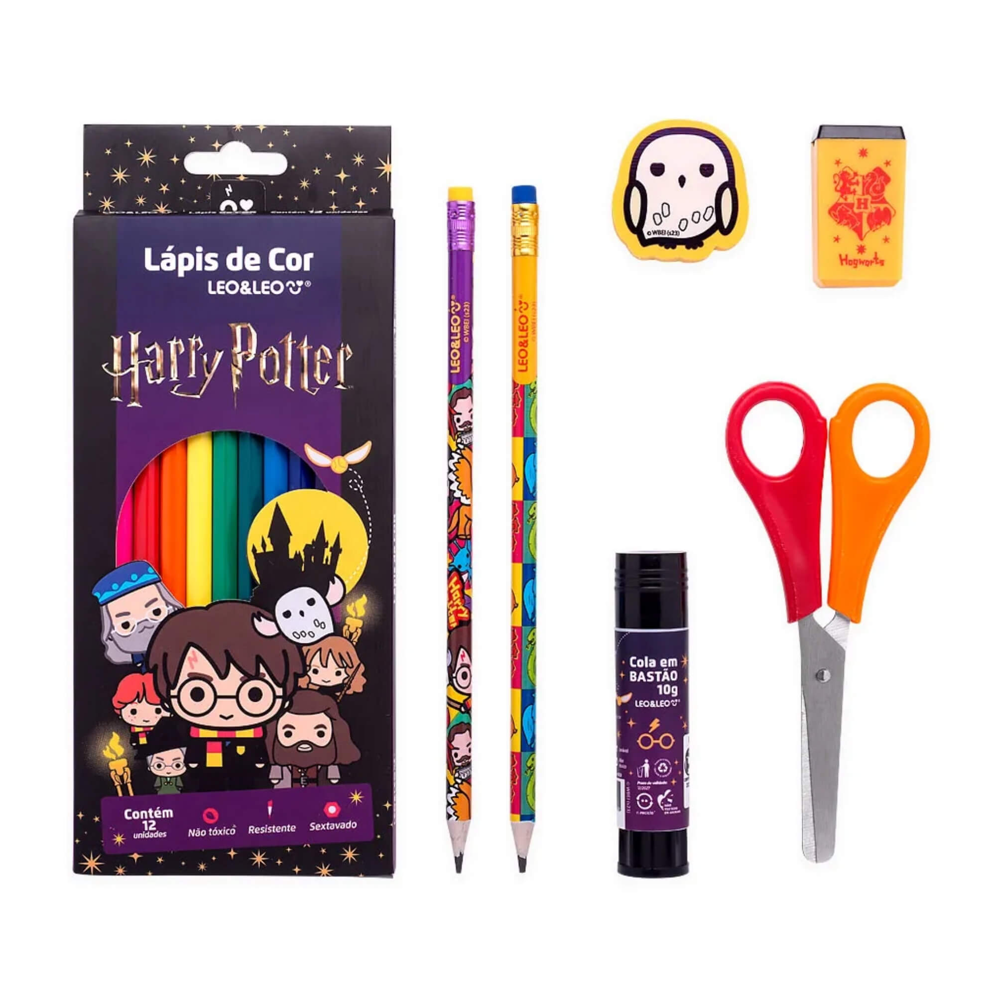 Kit Escolar com Lápis de Cor 12 Cores e Acessórios Harry Potter Leo&Leo Leonora - 71621