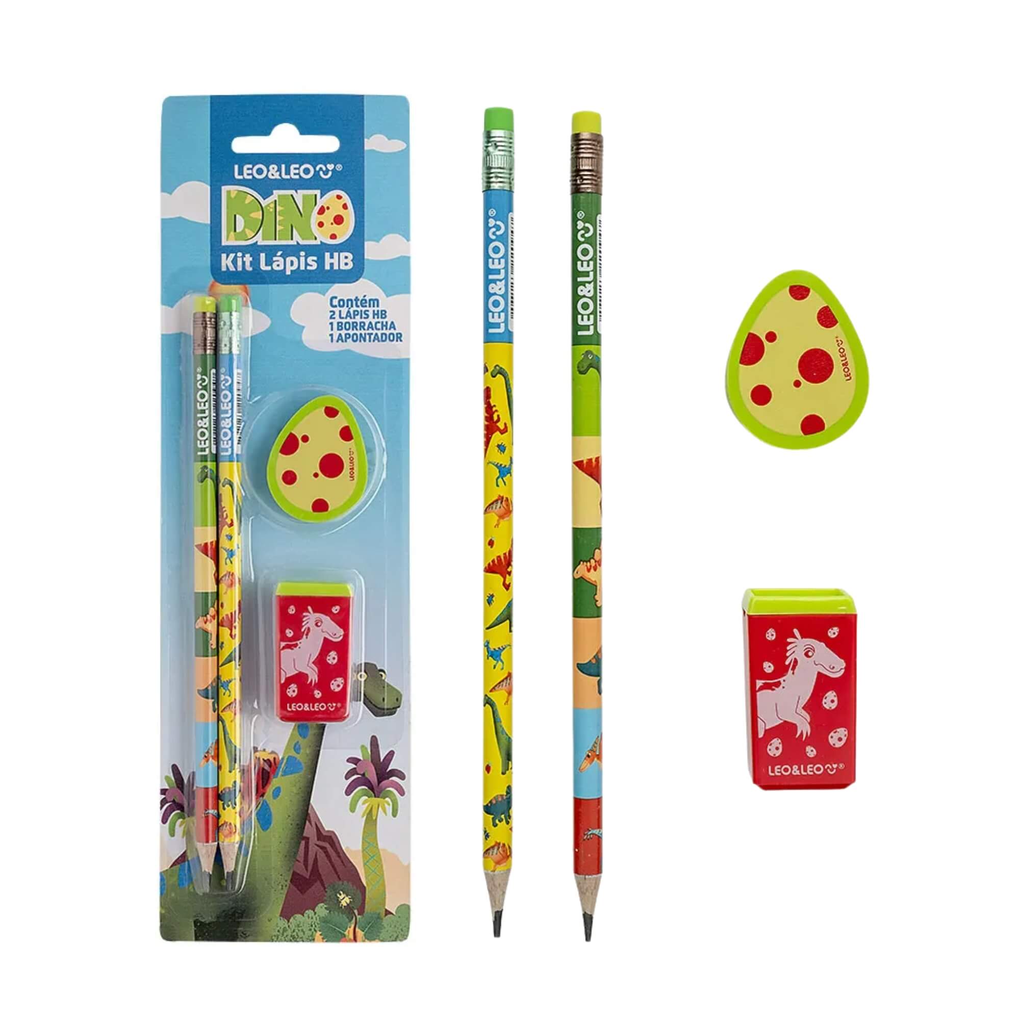 Kit Lápis HB Dino Lápis/Apontador/Borracha Leo&Leo Leonora - 72185