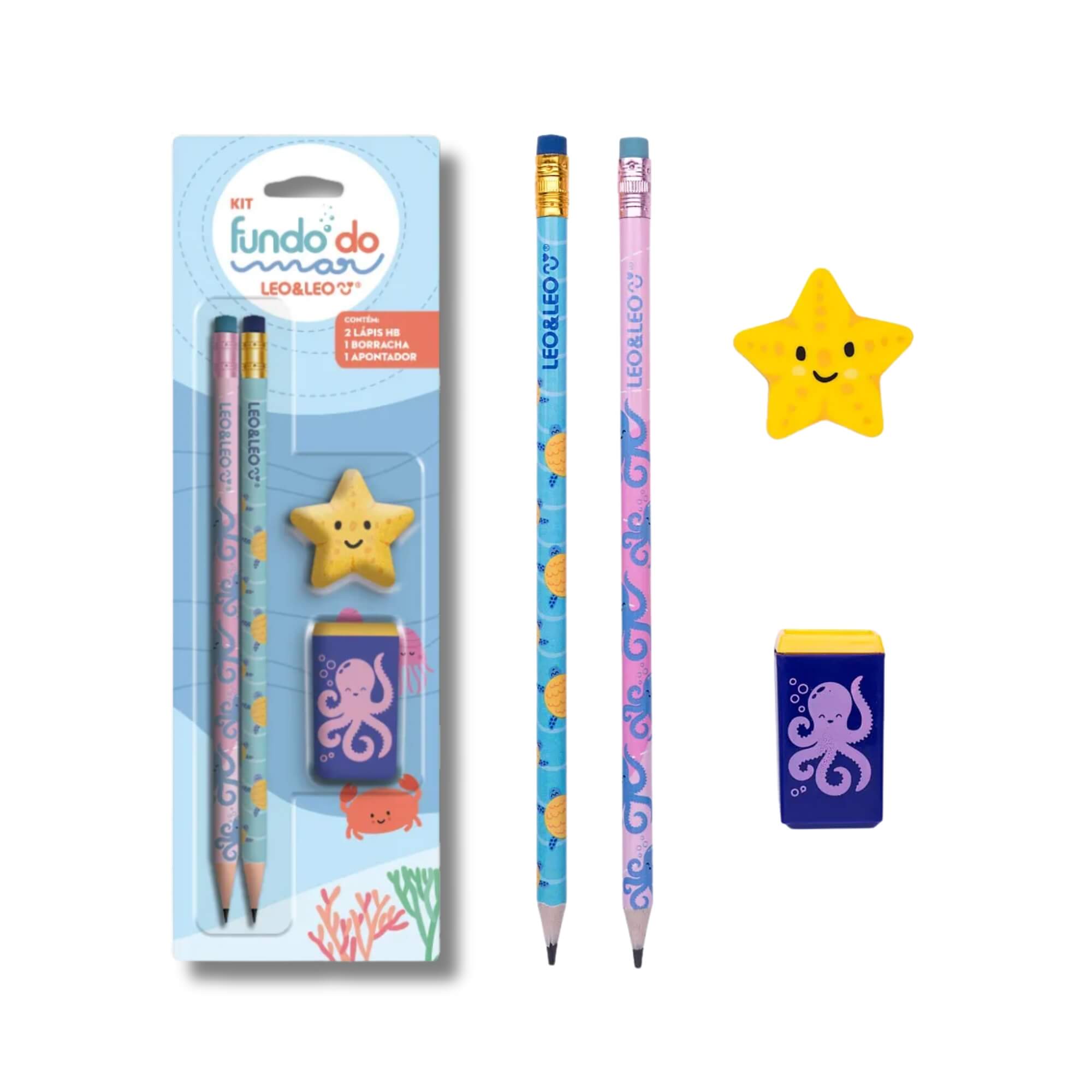 Kit Lápis HB Fundo Do Mar 2 Lápis/Apontador/Borracha Leo&Leo Leonora - 72309