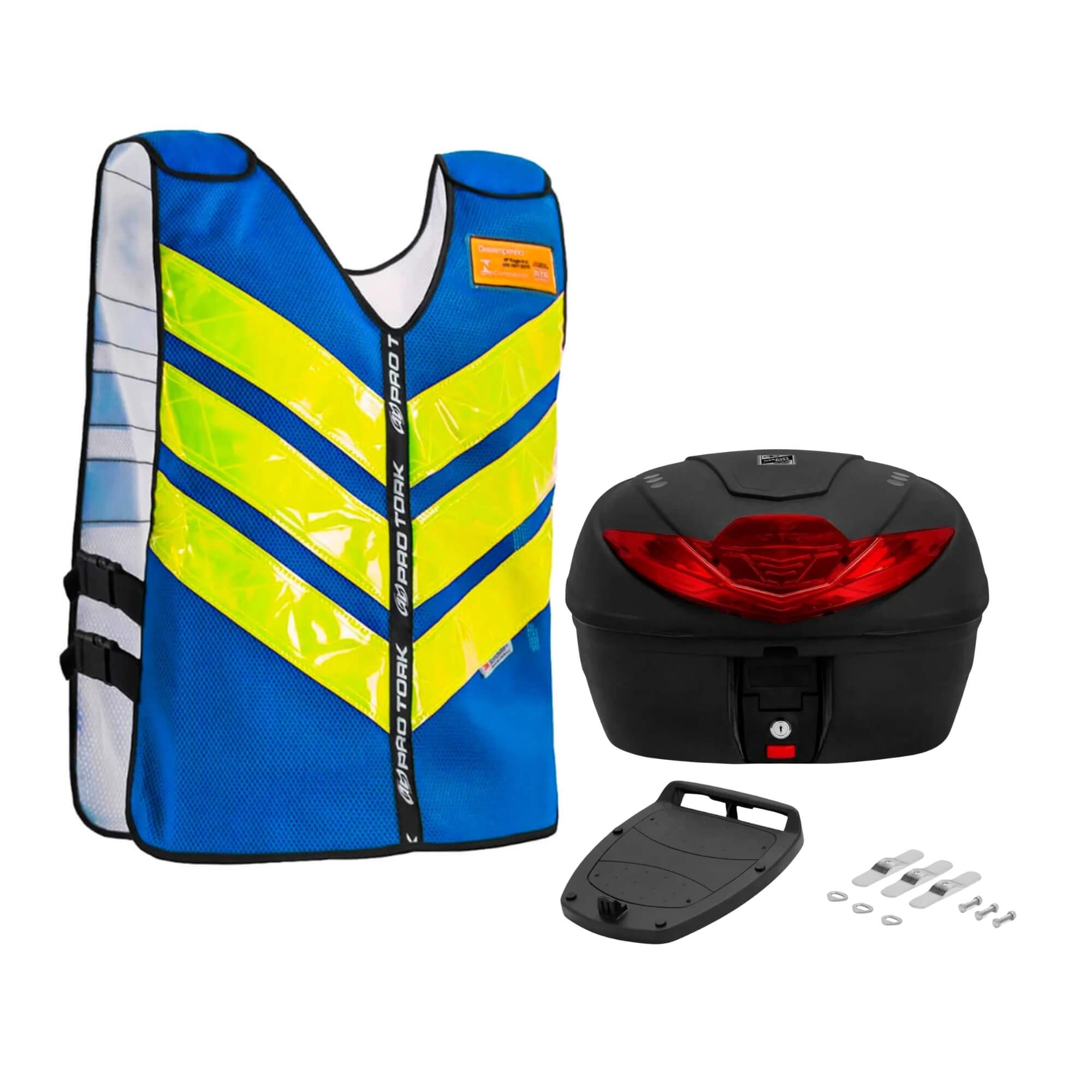 Kit Colete Refletivo Pro Tork Azul Tamanho G + Baú Traseiro Smart Box 4 35 Litros