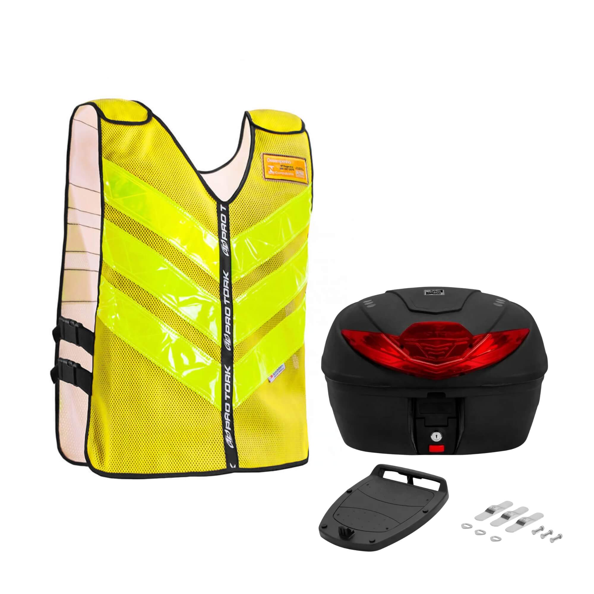 COMP Kit Colete Refletivo Pro Tork Amarelo Tamanho G + Baú Traseiro Smart Box 4 35 Litros