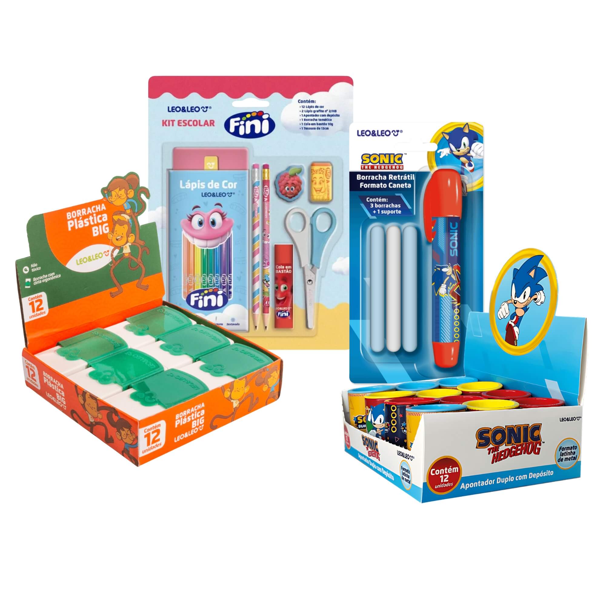 Kit Escolar Completo Leo&Leo com Borrachas, Apontadores Sonic e Kit Lápis de Cor Fini