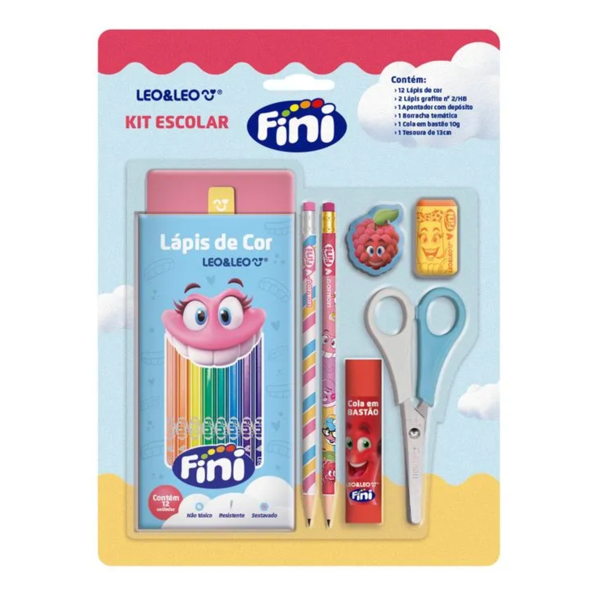 COMP Kit Escolar Completo Leo&Leo com Borrachas, Apontadores Sonic e Kit Lápis de Cor Fini