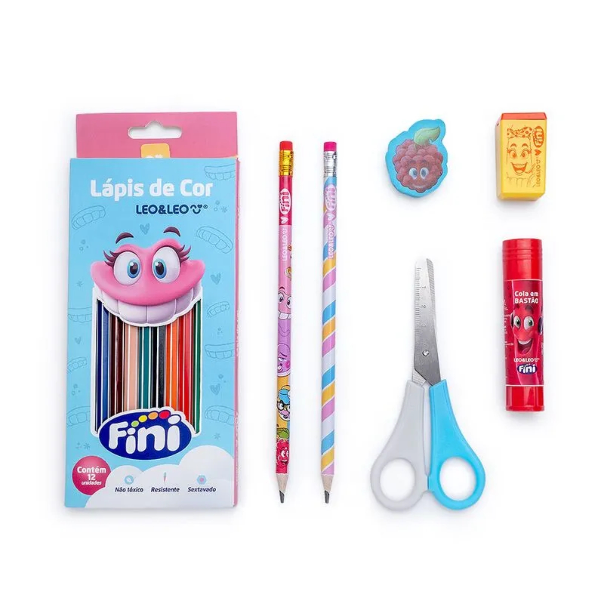 COMP Kit Escolar Completo Leo&Leo com Borrachas, Apontadores Sonic e Kit Lápis de Cor Fini