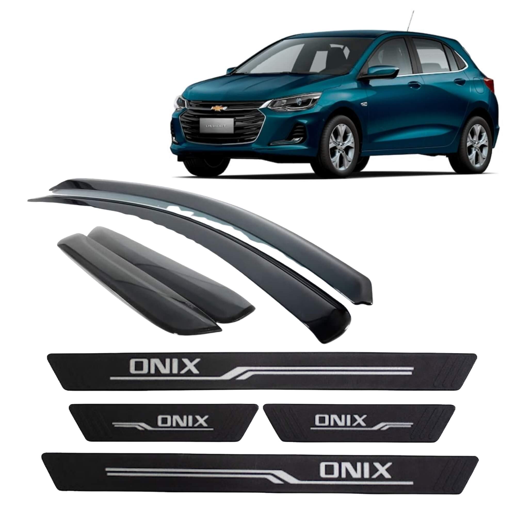 Kit Chevrolet Onix Hatch: Calha de Chuva Inteiriça + Soleira Preta 4 Portas