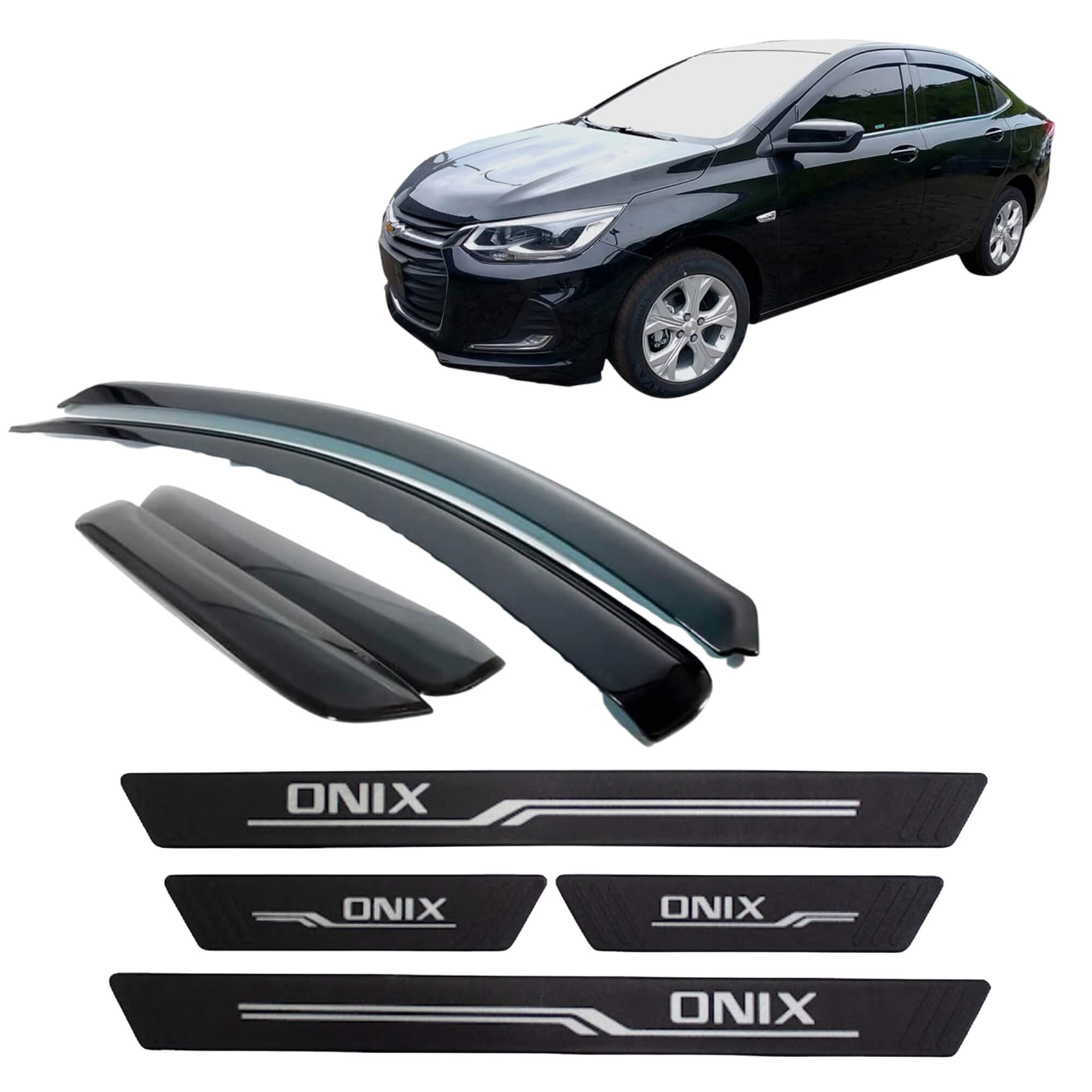 COMP Kit Chevrolet Onix Plus Sedan: Kit Calha de Chuva 4 portas + Soleira Preta