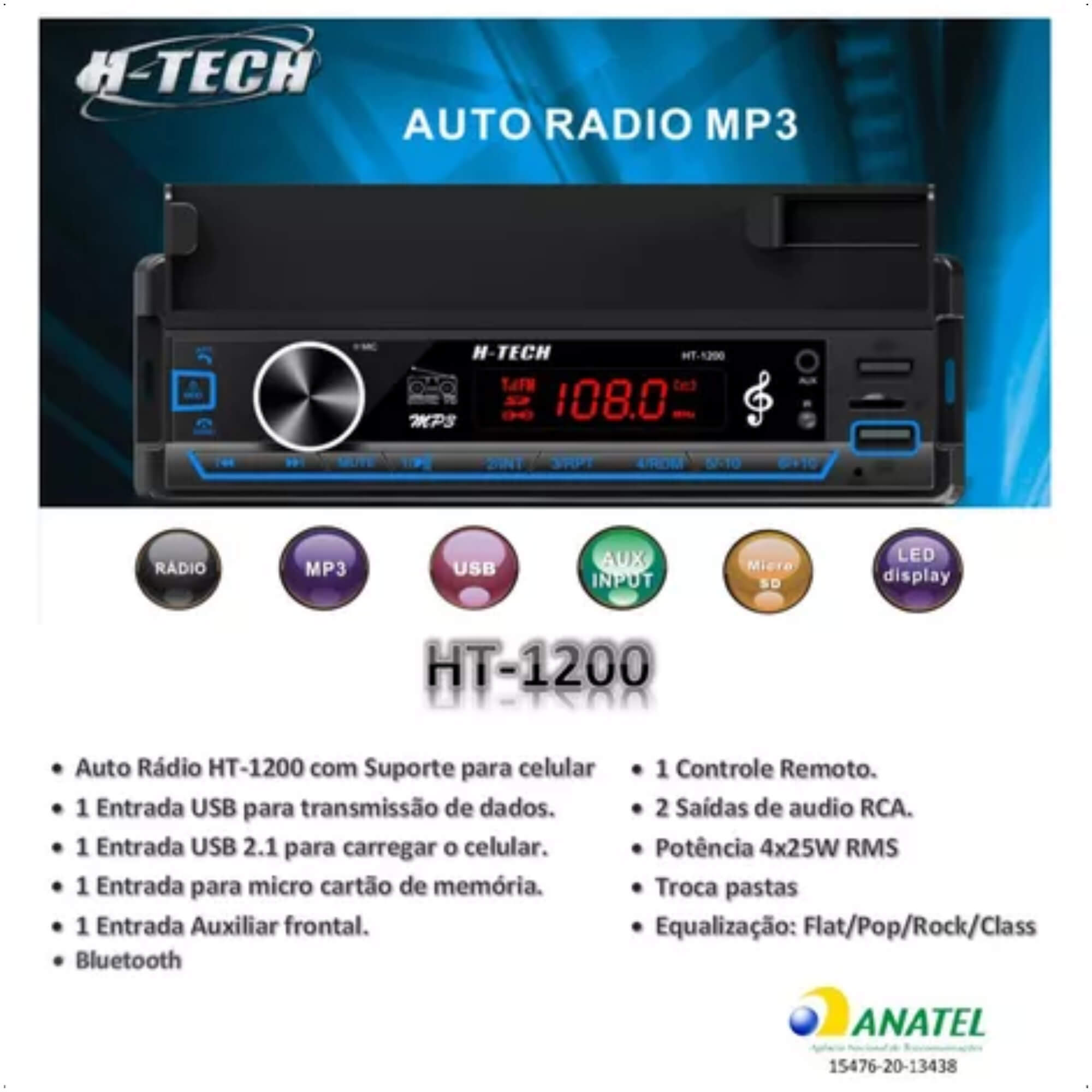 COMP Kit Som Automotivo Leson JB6 Flex 6” + Rádio Bluetooth com Suporte p/ Celular H-Tech HT-1200