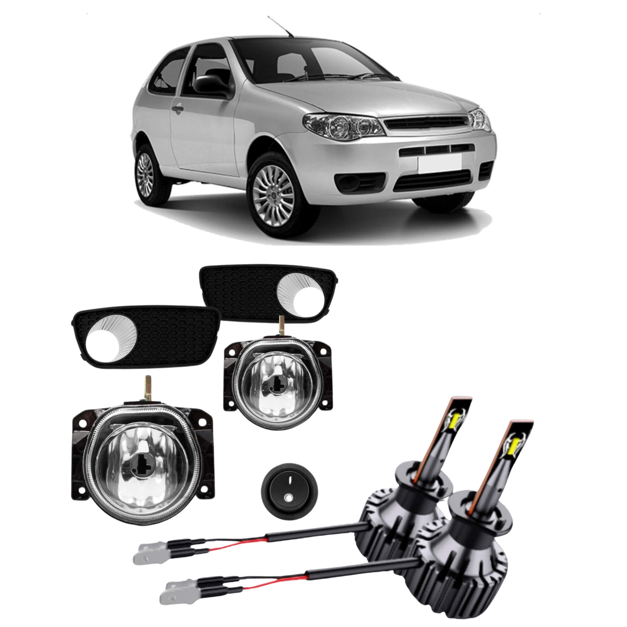 COMP Kit Farol de Milha Palio Fire Celebration com Moldura Cromada + Lâmpadas LED H1 Linha Nano