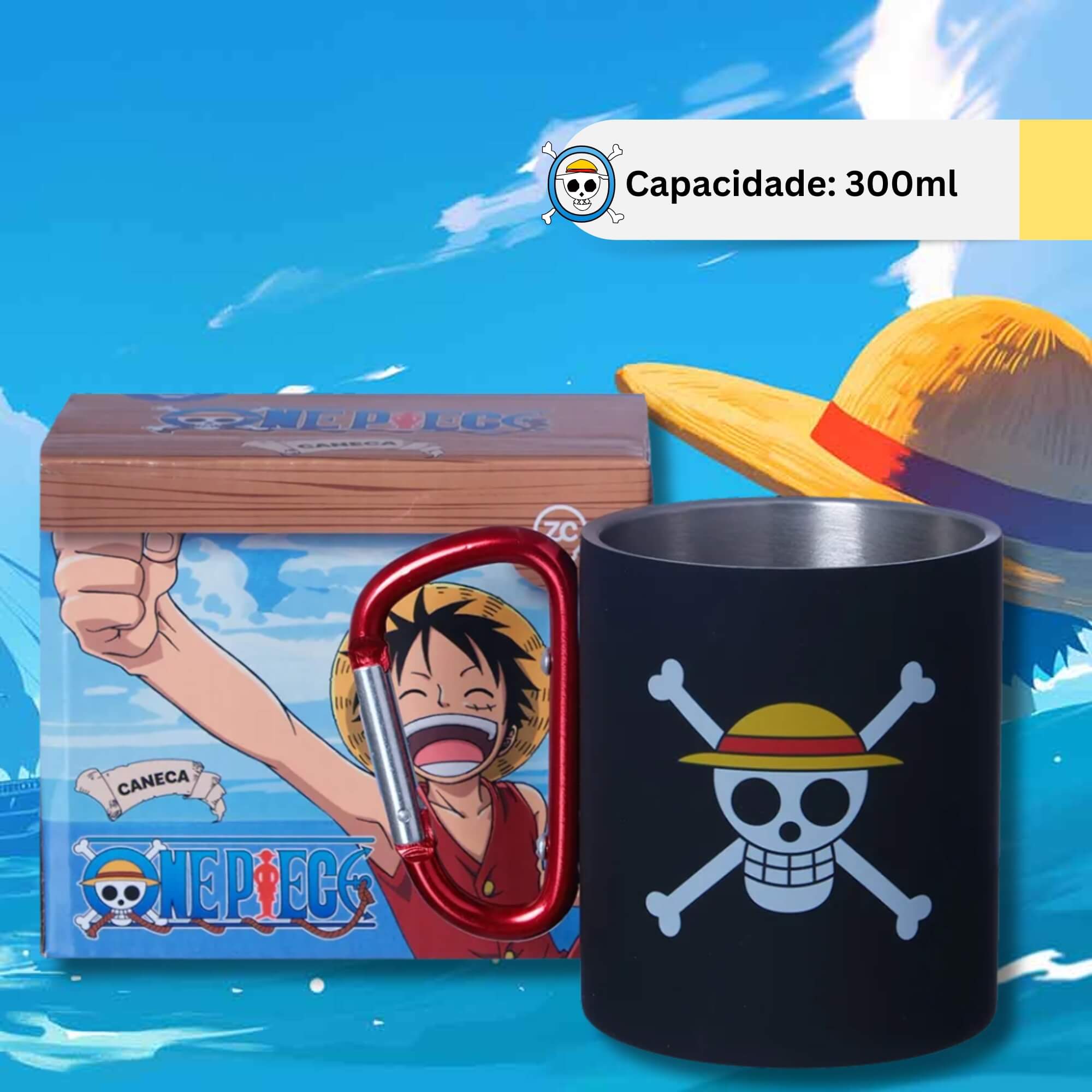 COMP Kit Almofada Luffy Skull One Piece + Caneca Mosquetão 300ml Zona Criativa