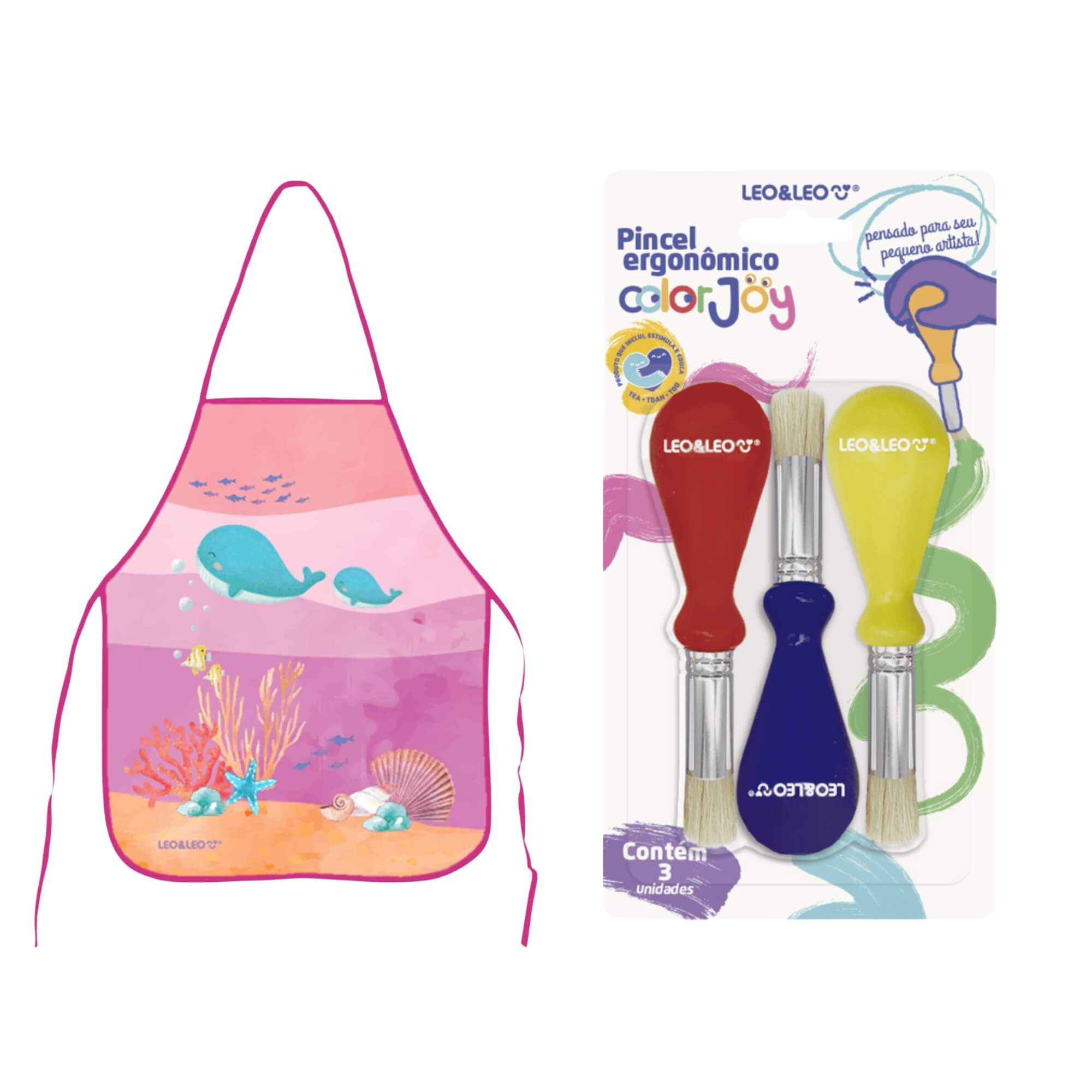COMP Kit Avental Infantil Fundo do Mar + 3 Pincéis Ergonômicos Color Joy - Leo&Leo Leonora