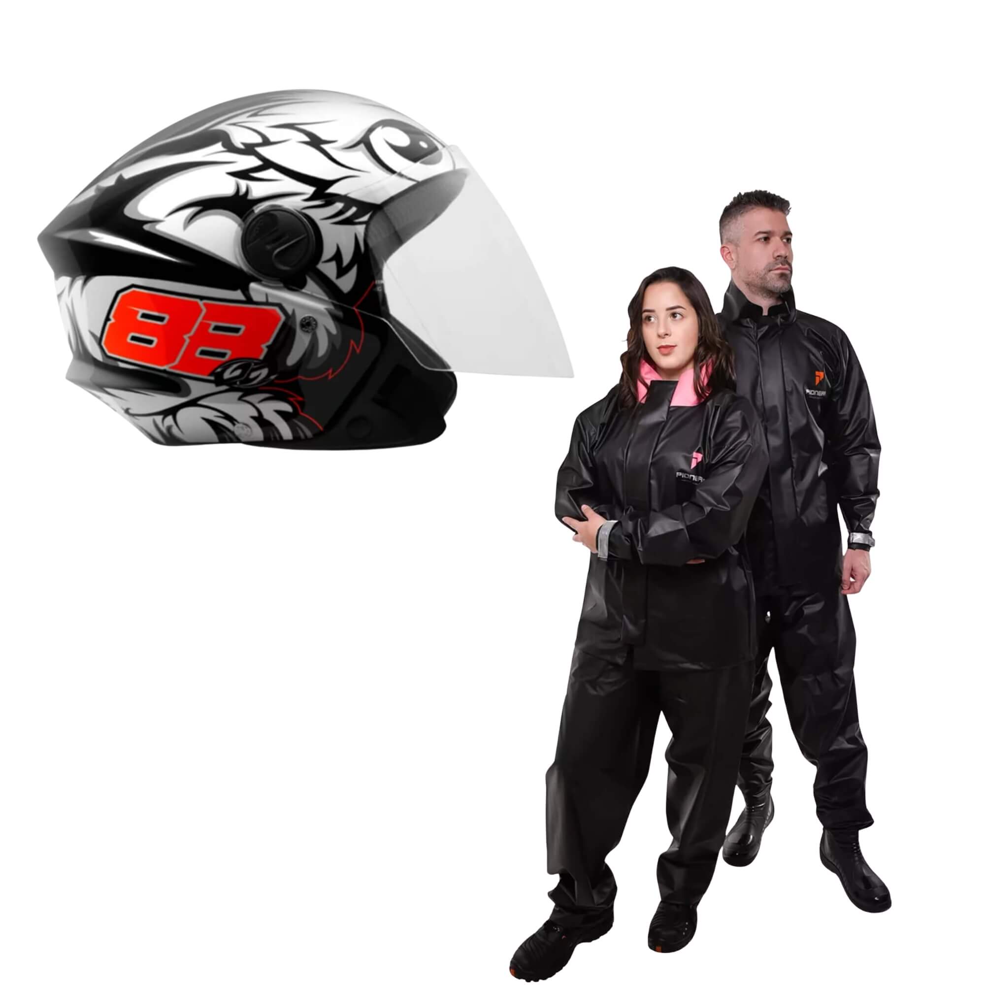 COMP Kit Motociclista Capa de Chuva PVC GG Preta + Capacete Pro Tork Tam 60 Aberto Preto ABSX