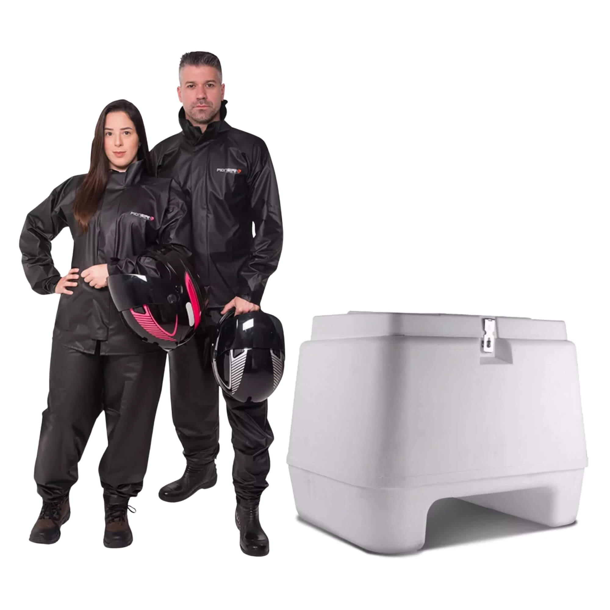 COMP Kit Bauleto 80L Branco p/ Moto Plástico Injetado + Conjunto Capa de Chuva PVC Preto G