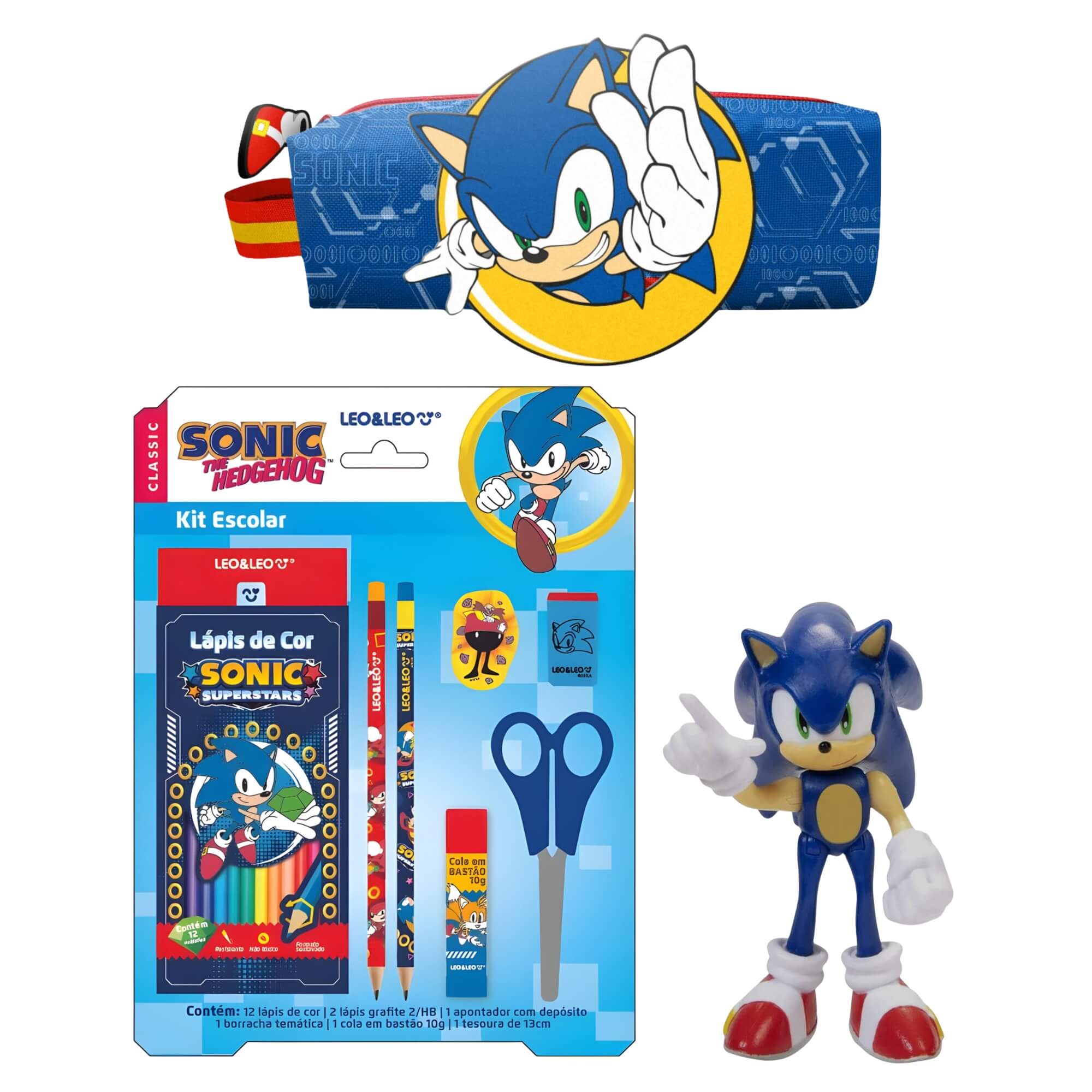 COMP Kit Material Escolar Sonic Lápis 12 Cores + Estojo Tubo com Patch + Boneco 6cm