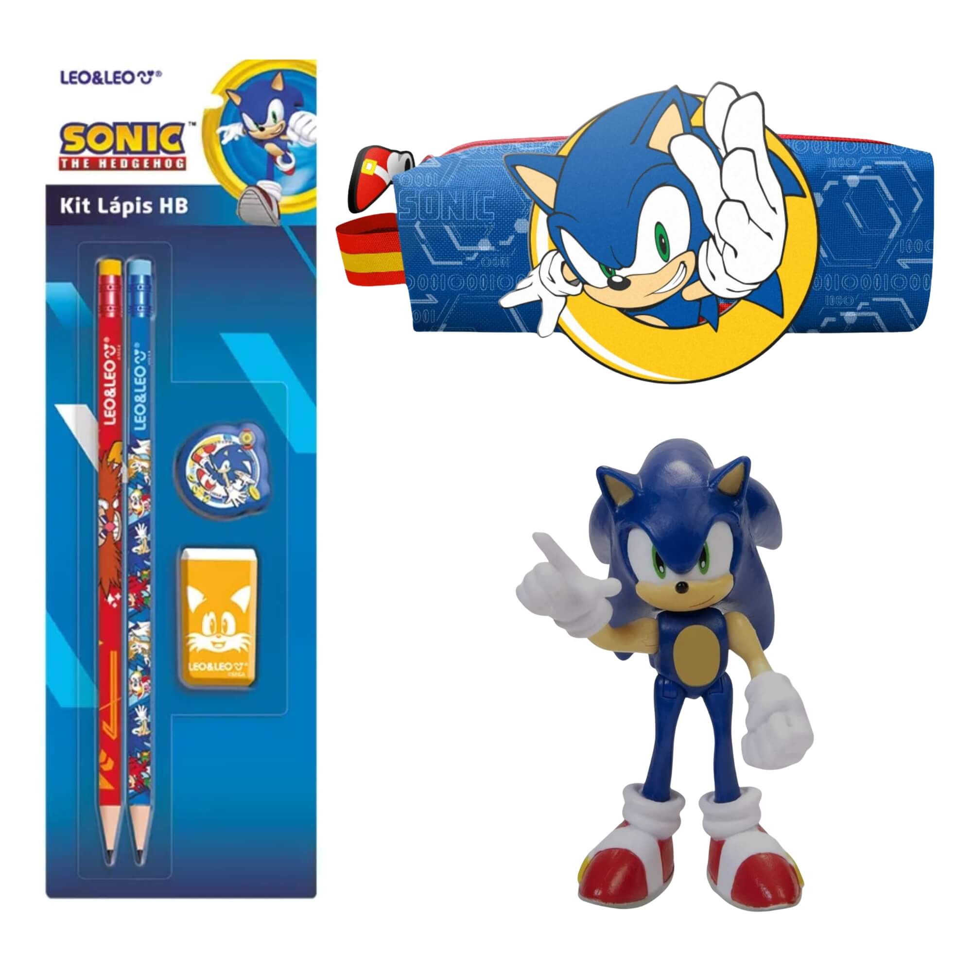 COMP Kit Sonic 2 Lápis HB + Apontador + Borracha + Estojo Tubo c/ Patch + Boneco 6cm