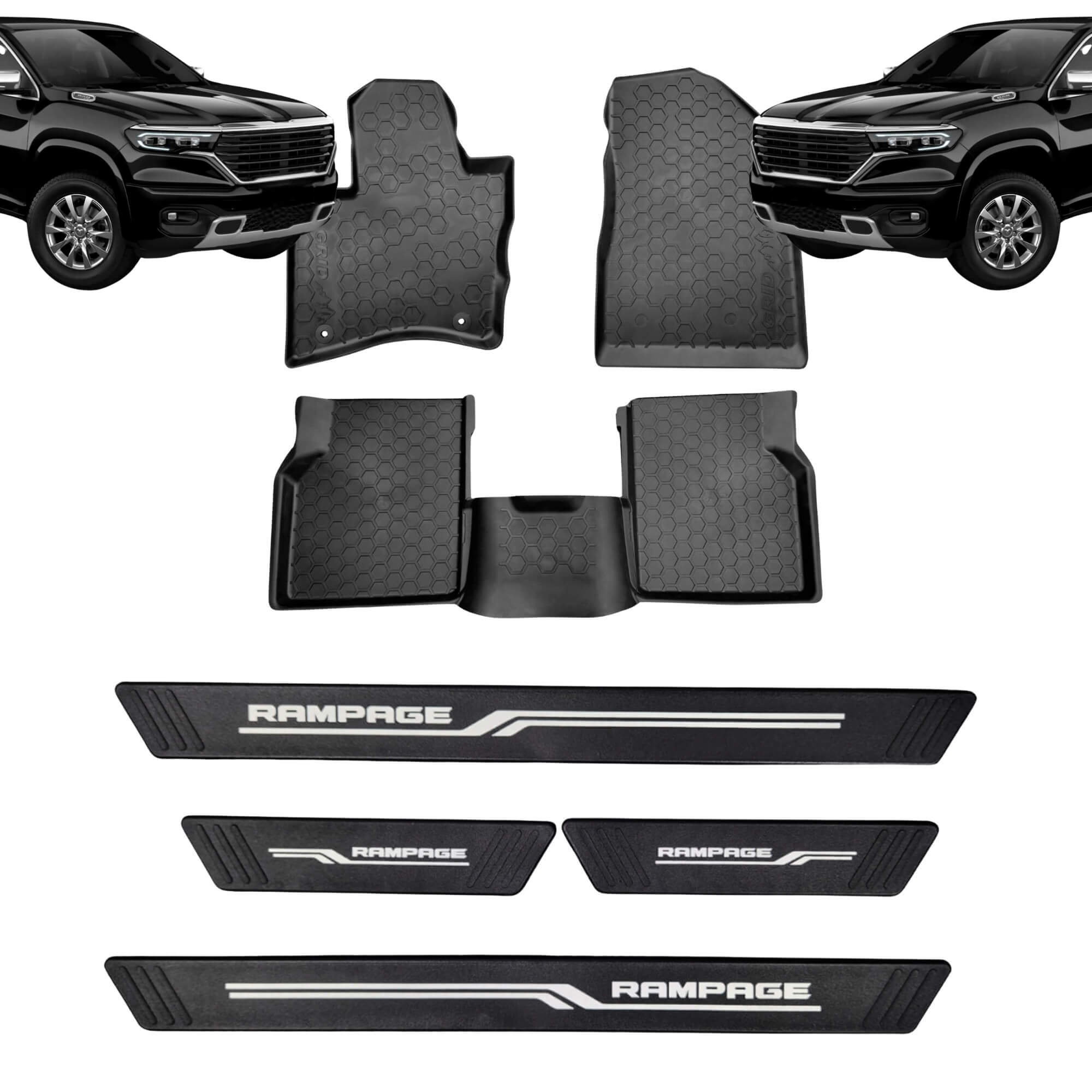 COMP Kit Automotivo Rampage: Tapete Tipo Bandeja 4P Preto c/ 5 Peças + Soleira Preta 4P Grid