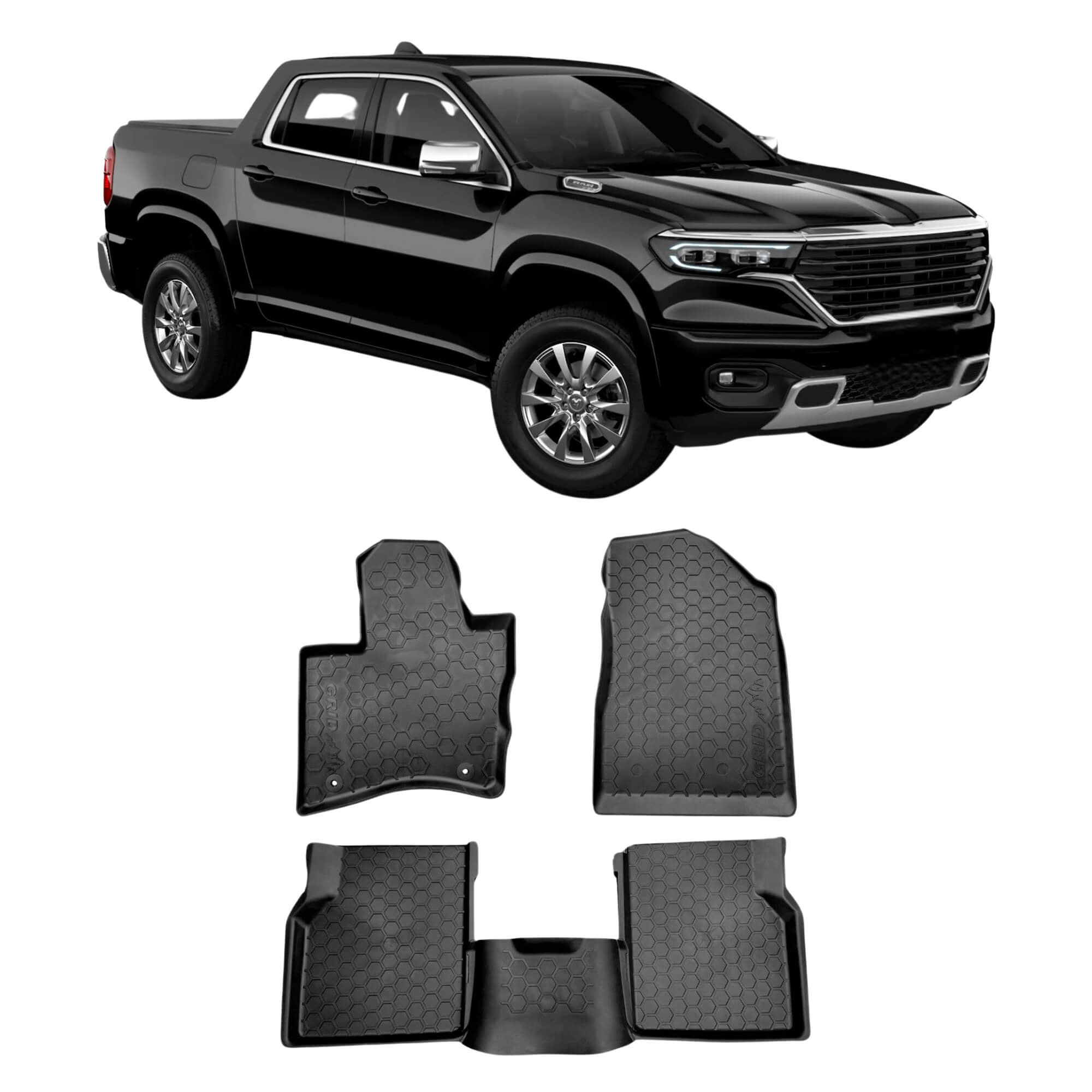 Kit Automotivo Rampage: Tapete Tipo Bandeja 4P Preto c/ 5 Peças + Soleira Preta 4P Grid