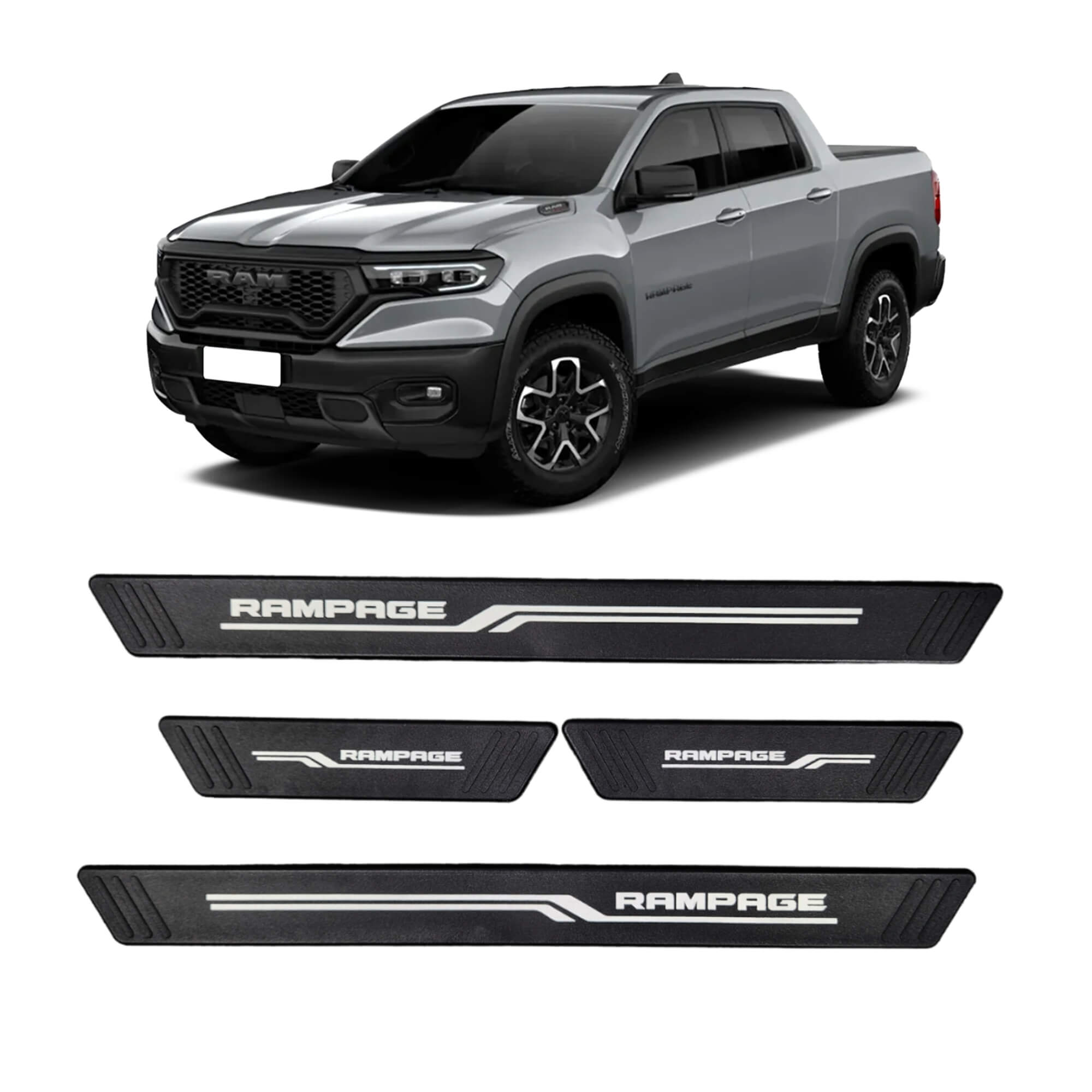 COMP Kit Automotivo Rampage: Tapete Tipo Bandeja 4P Preto c/ 5 Peças + Soleira Preta 4P Grid