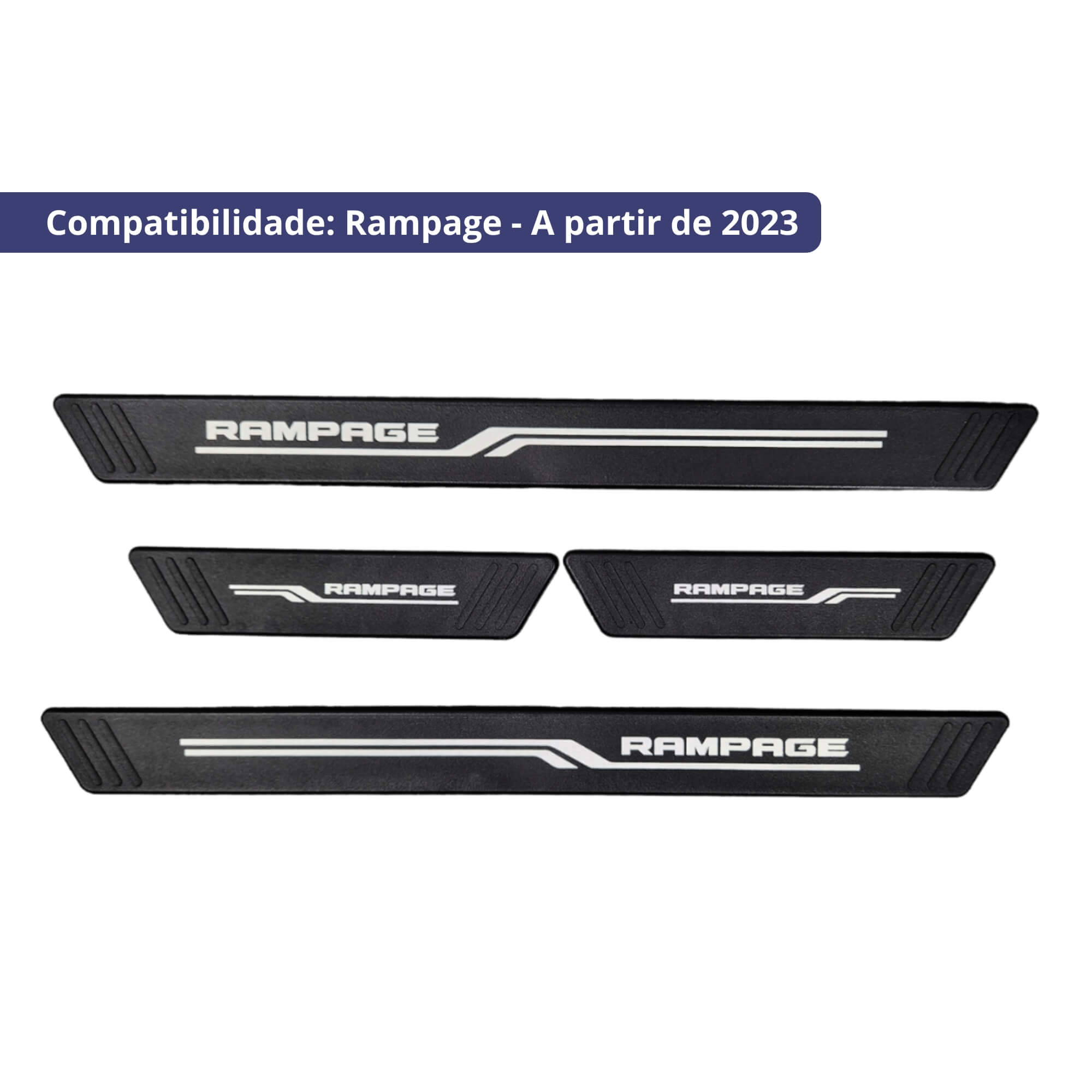 COMP Kit Automotivo Rampage: Tapete Tipo Bandeja 4P Preto c/ 5 Peças + Soleira Preta 4P Grid
