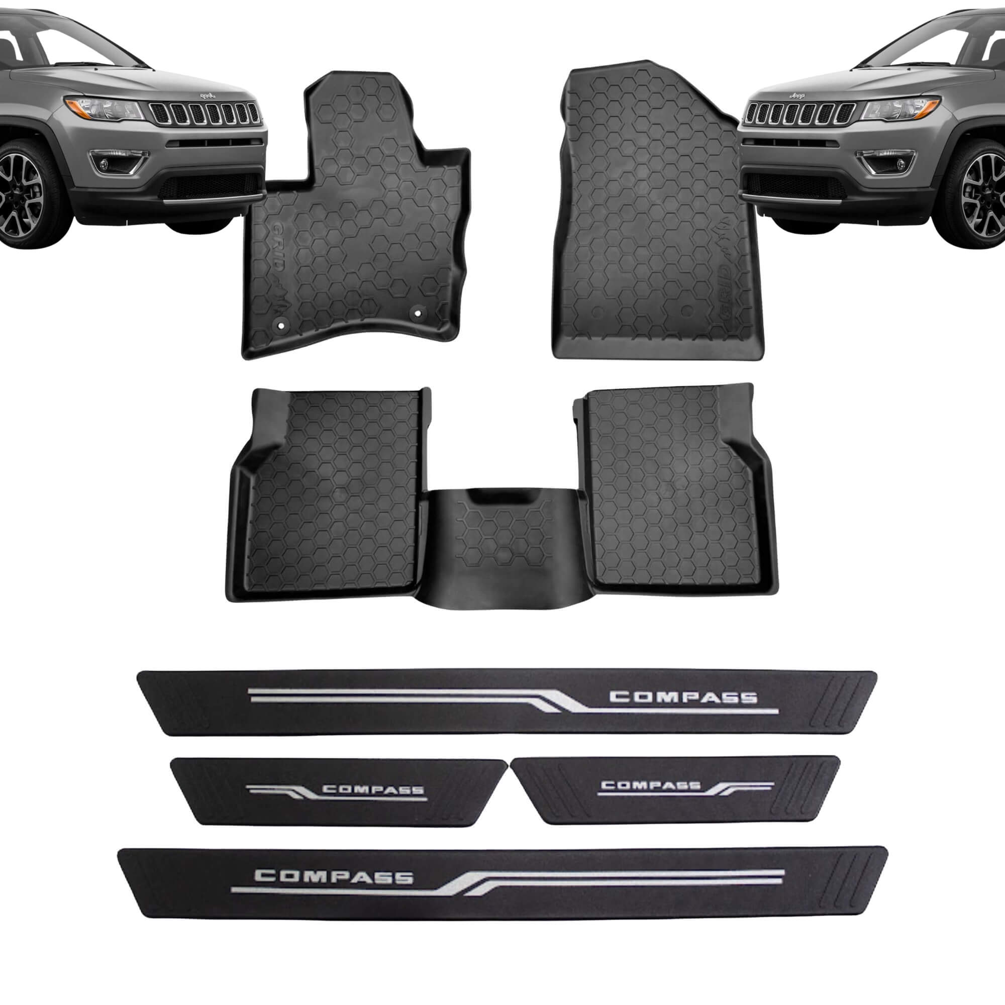 COMP Kit Automotivo Compass: Tapete Tipo Bandeja 4P Preto + Soleira Preta 4 Portas