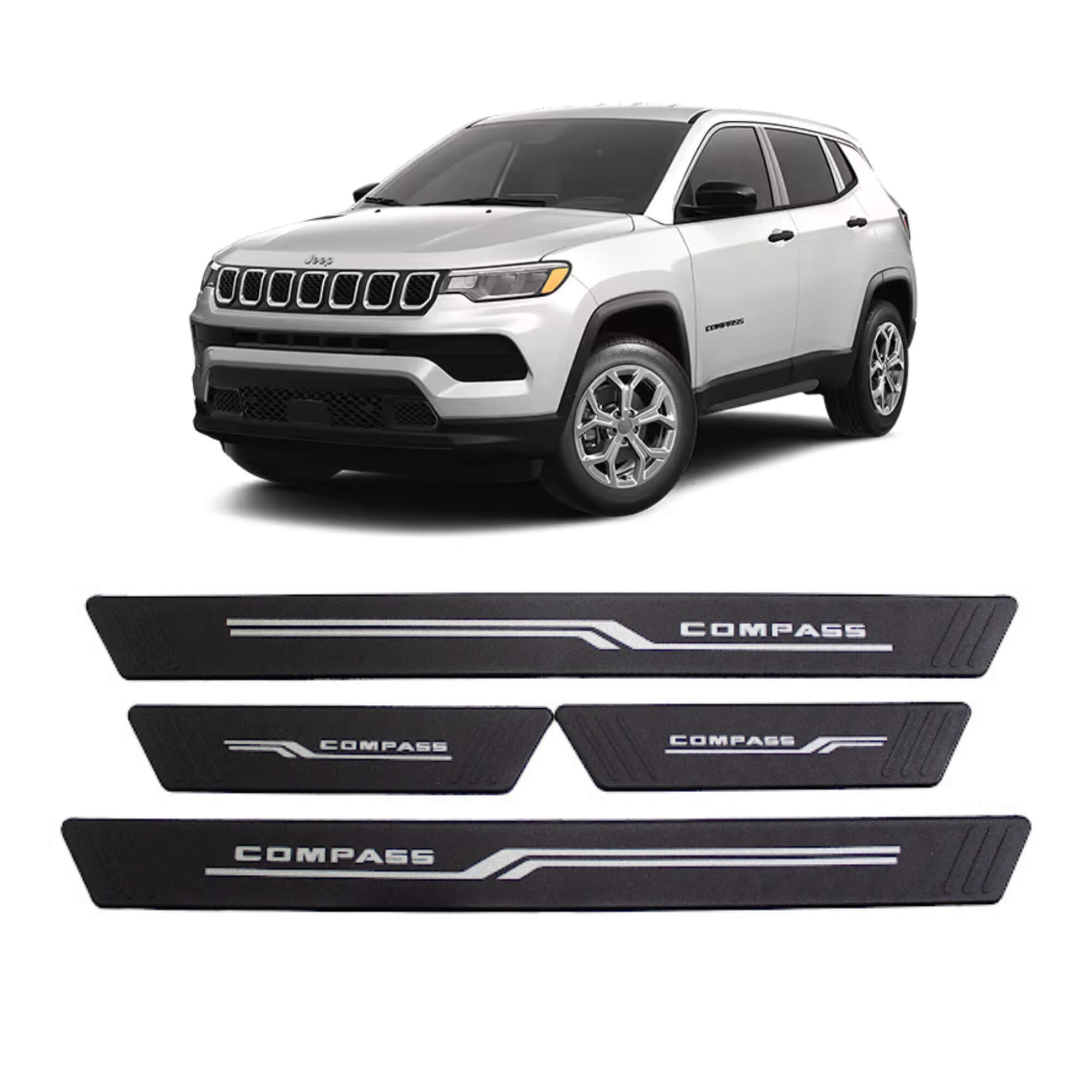 COMP Kit Automotivo Compass: Tapete Tipo Bandeja 4P Preto + Soleira Preta 4 Portas
