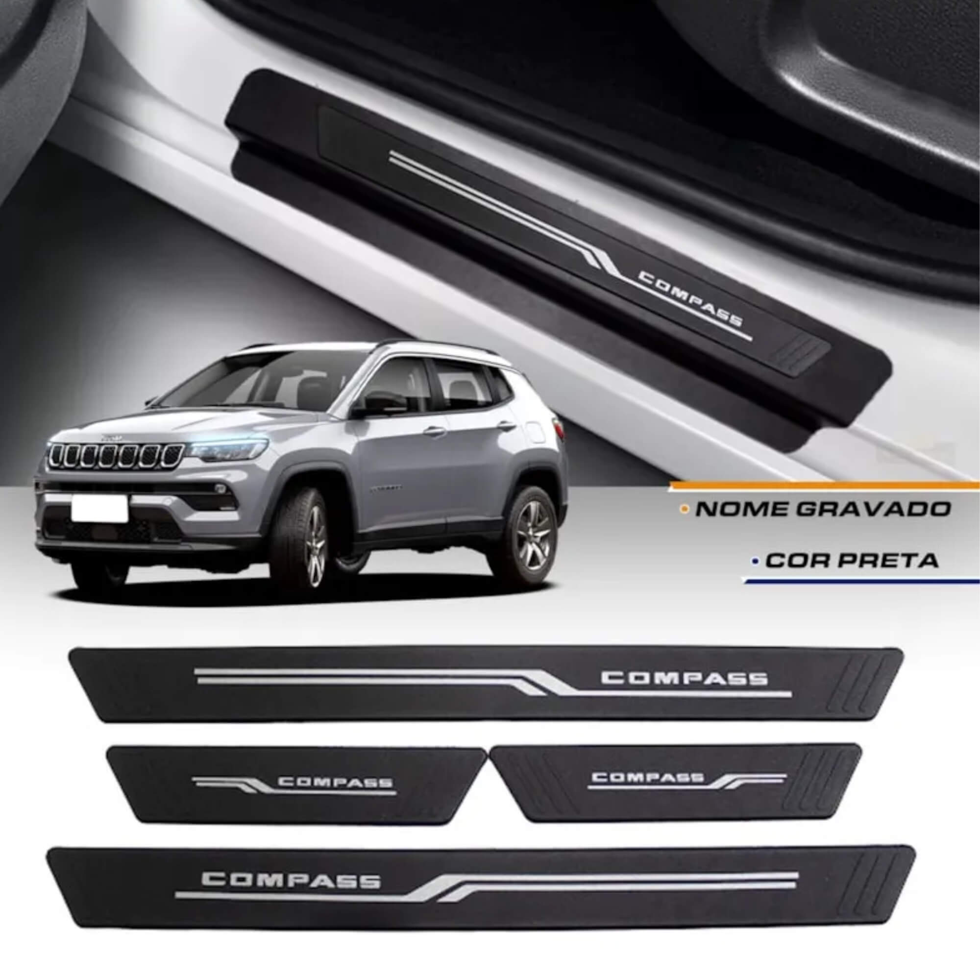 COMP Kit Automotivo Compass: Tapete Tipo Bandeja 4P Preto + Soleira Preta 4 Portas