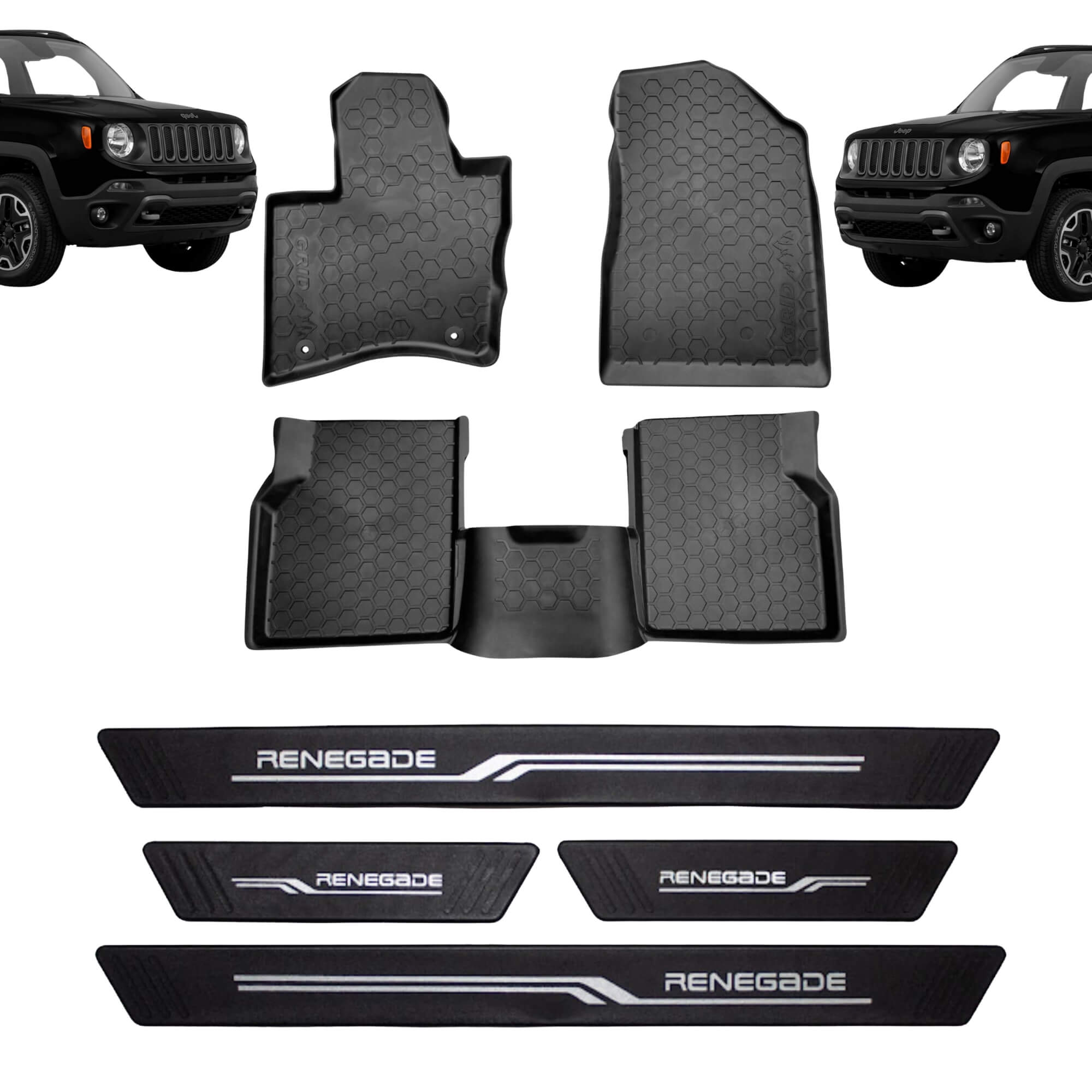 Kit Automotivo Renegade: Tapete Preto Tipo Bandeja 4 Portas + Soleira Preta 4 Portas
