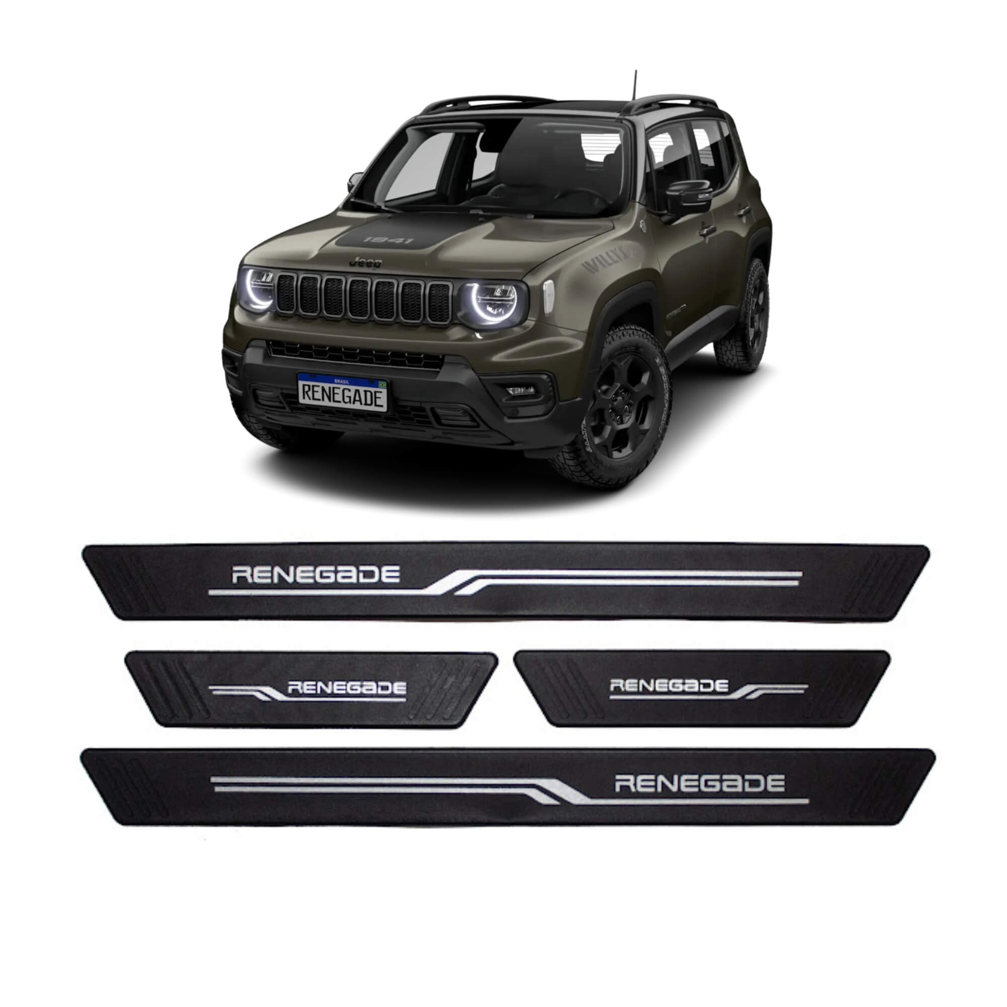 COMP Kit Automotivo Renegade: Tapete Preto Tipo Bandeja 4 Portas + Soleira Preta 4 Portas