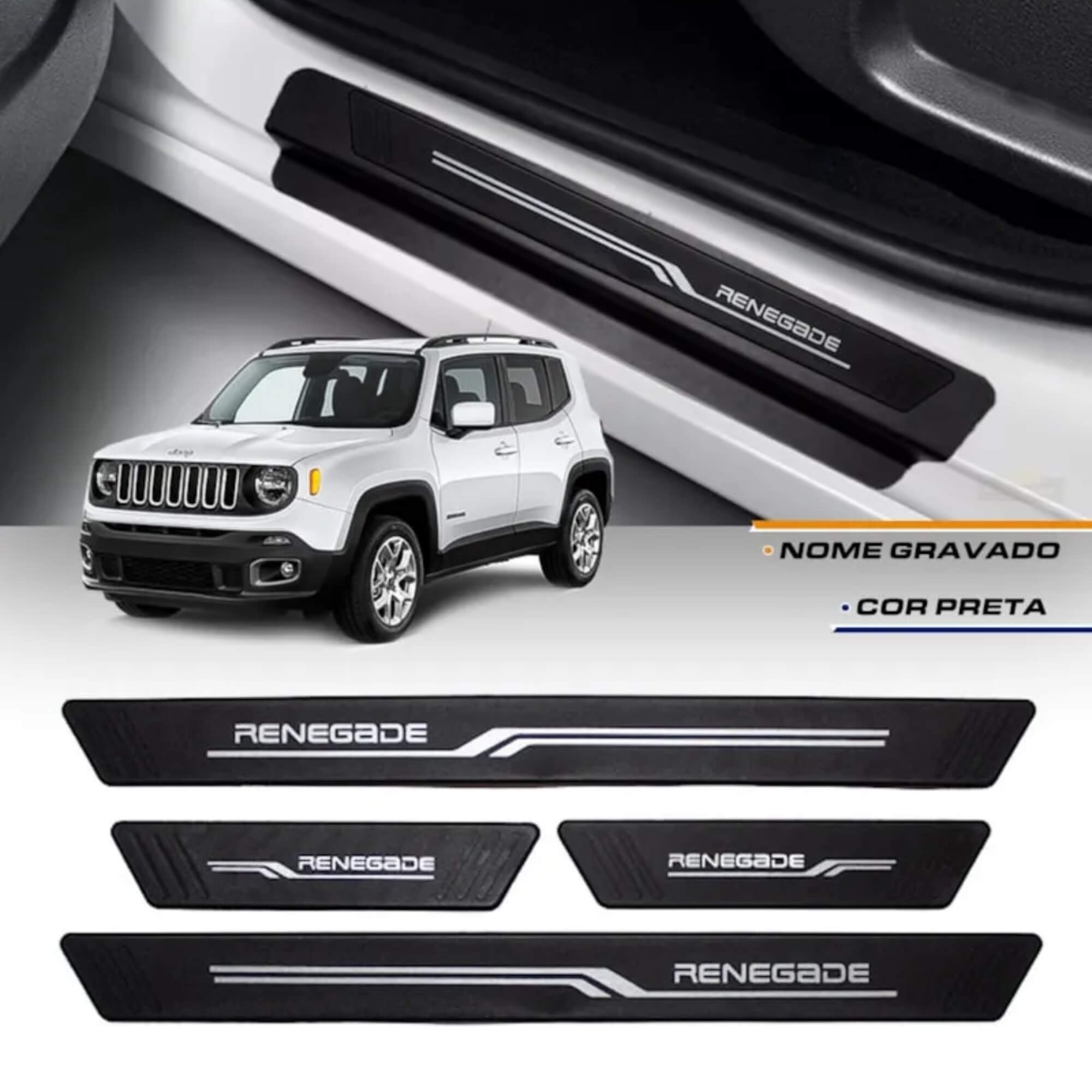 COMP Kit Automotivo Renegade: Tapete Preto Tipo Bandeja 4 Portas + Soleira Preta 4 Portas
