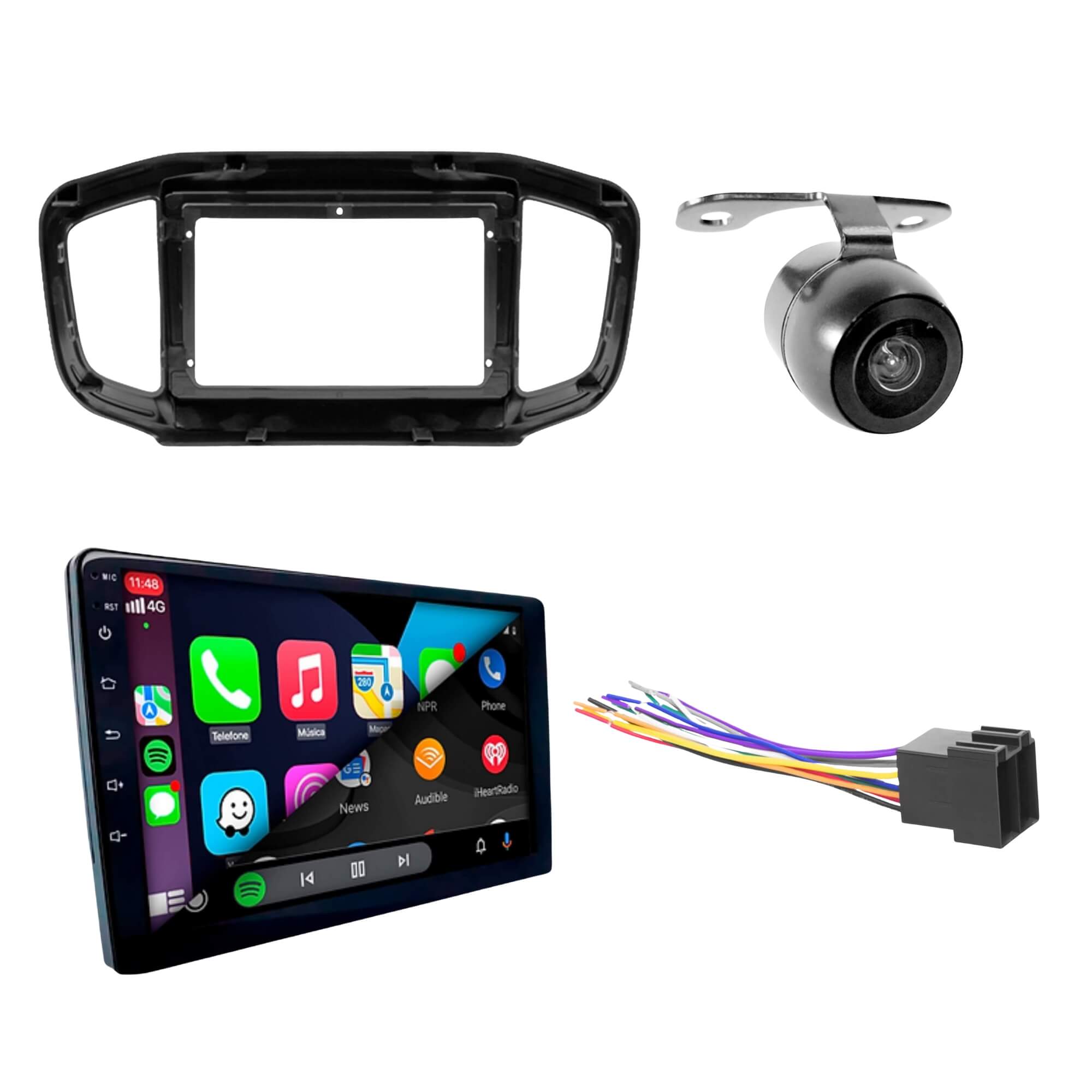 COMP Kit Multimídia 9 Pol CarPlay Android Auto Strada Fiorino + Moldura + Chicote + Câmera Ré