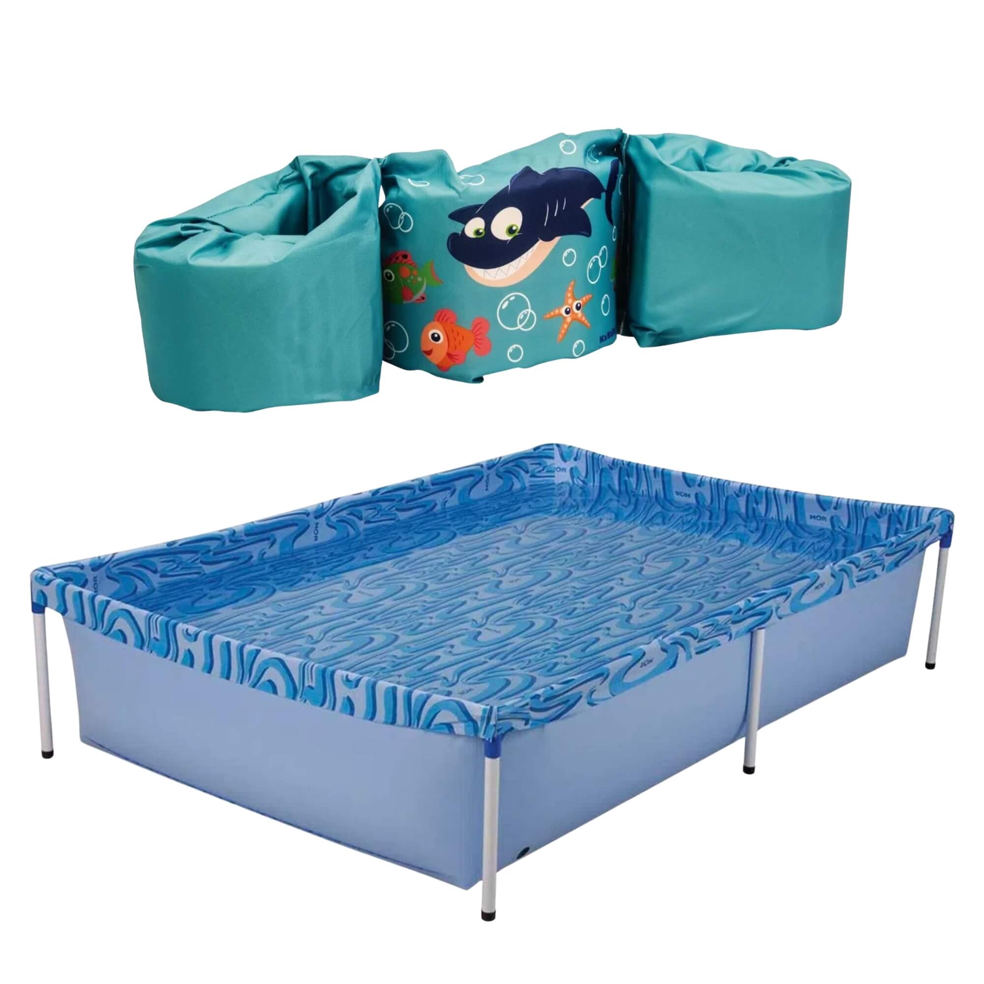 COMP Kit Piscina Infantil 1000L Mor Retangular + Boia Colete Tubarão Kababy Azul