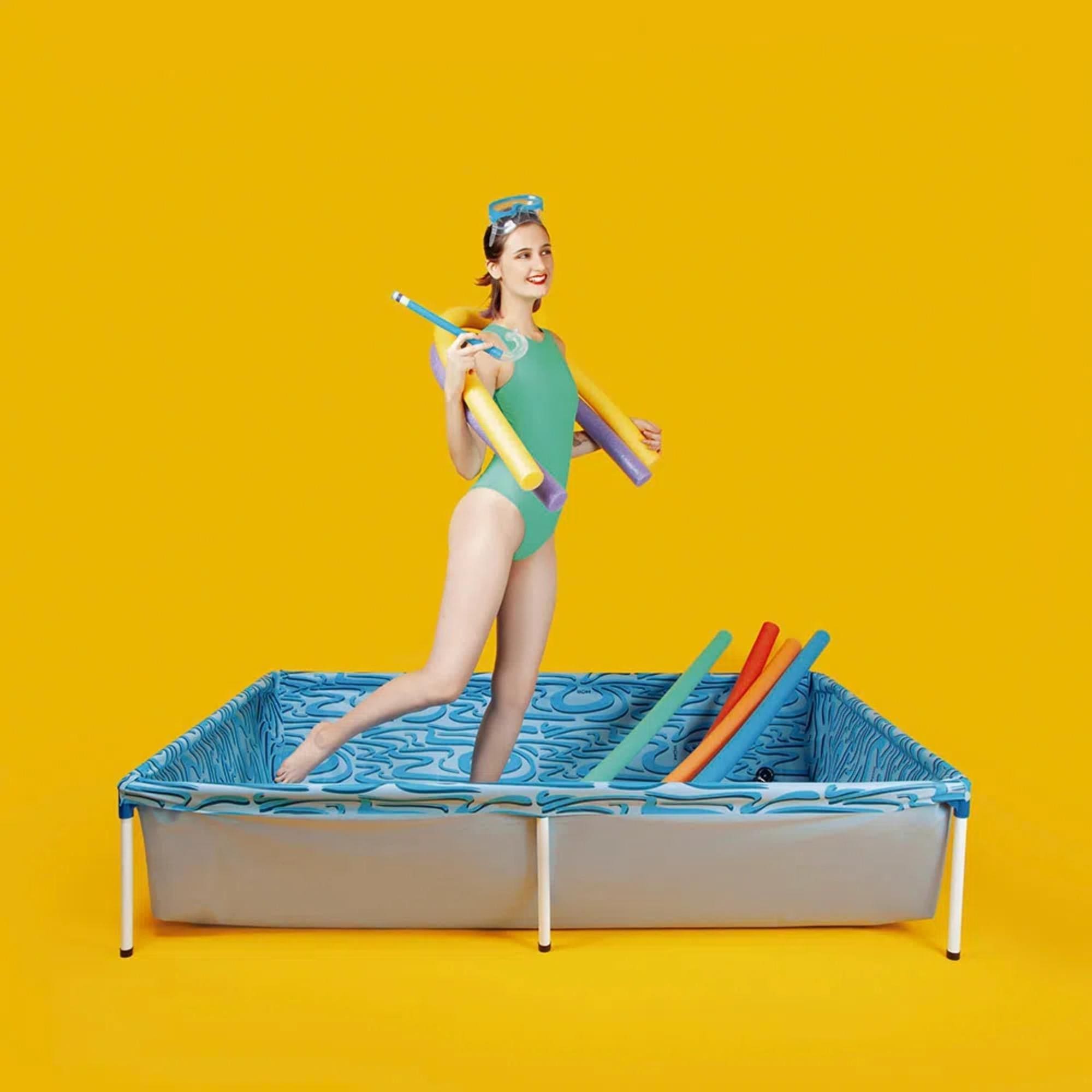 COMP Kit Piscina Infantil 1000L Mor Retangular + Boia Colete Tubarão Kababy Azul