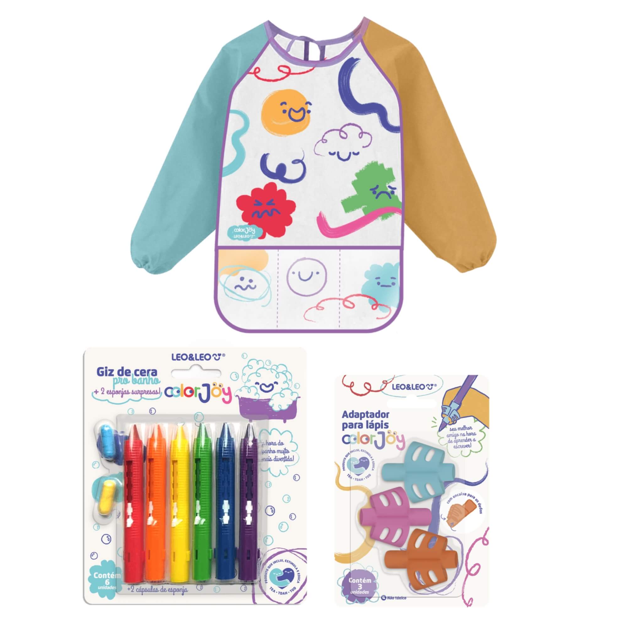 Kit Artes Avental Infantil + Giz de Cera para Banho + Adaptador de Lápis