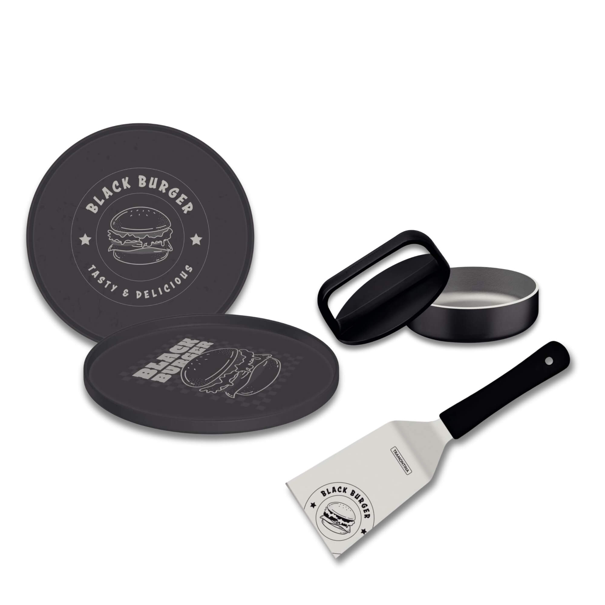 COMP Kit Black Burger Tramontina Espátula Inox + Prensador Hambúrguer + Prato Polipropileno