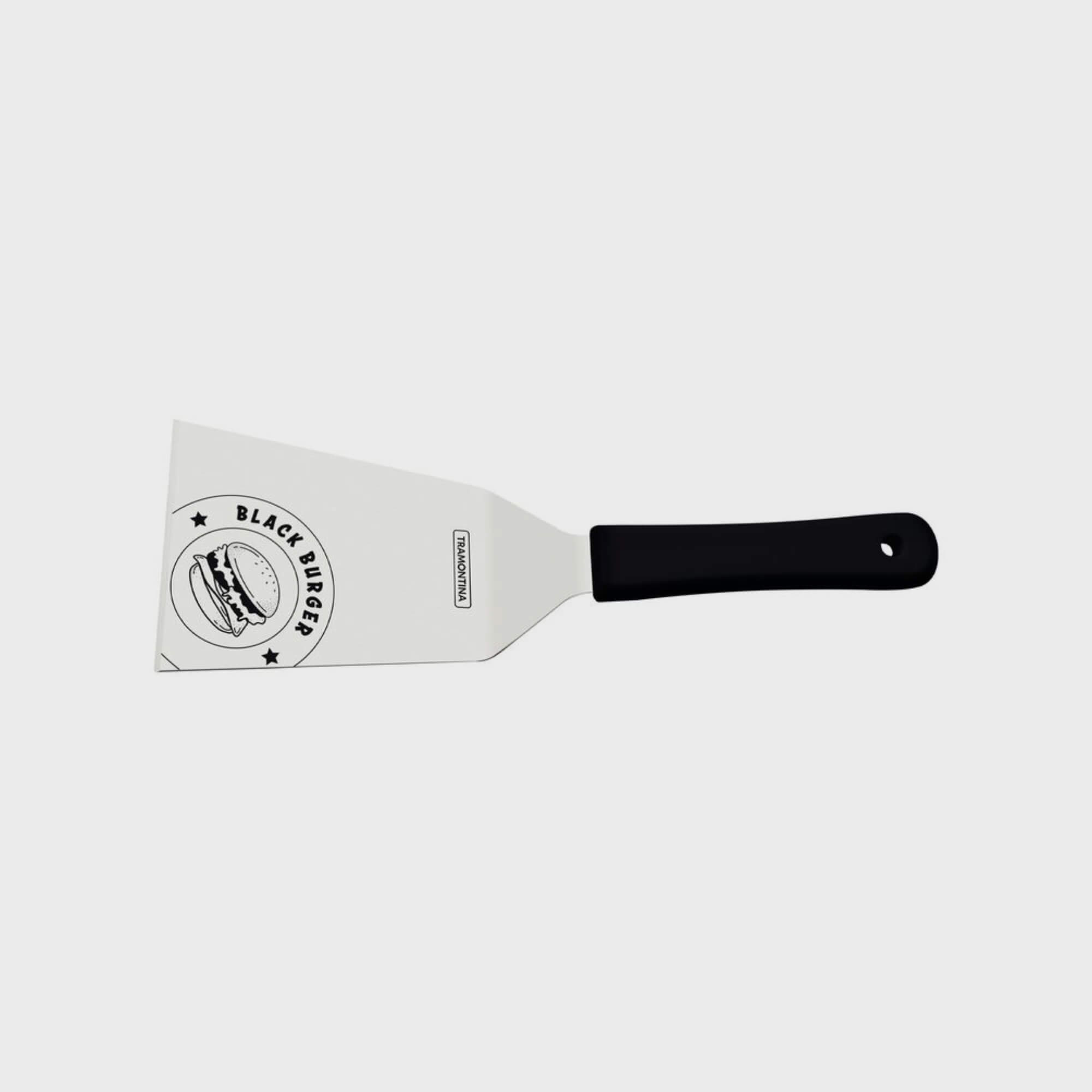 COMP Kit Black Burger Tramontina Espátula Inox + Prensador Hambúrguer + Prato Polipropileno