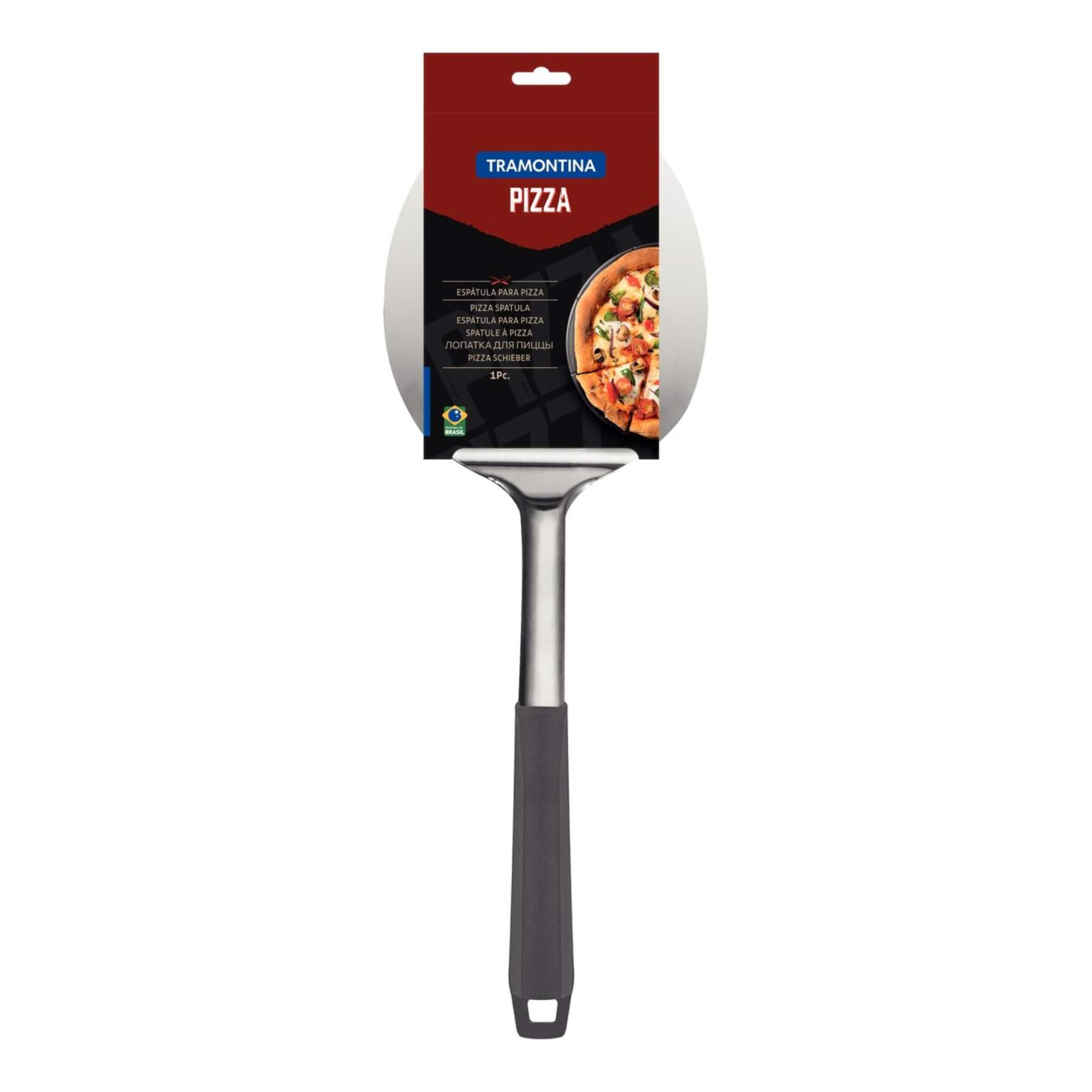 COMP Kit Pizza Tramontina Espátula Inox + Tábua de Corte para Pizza em Polipropileno Cinza