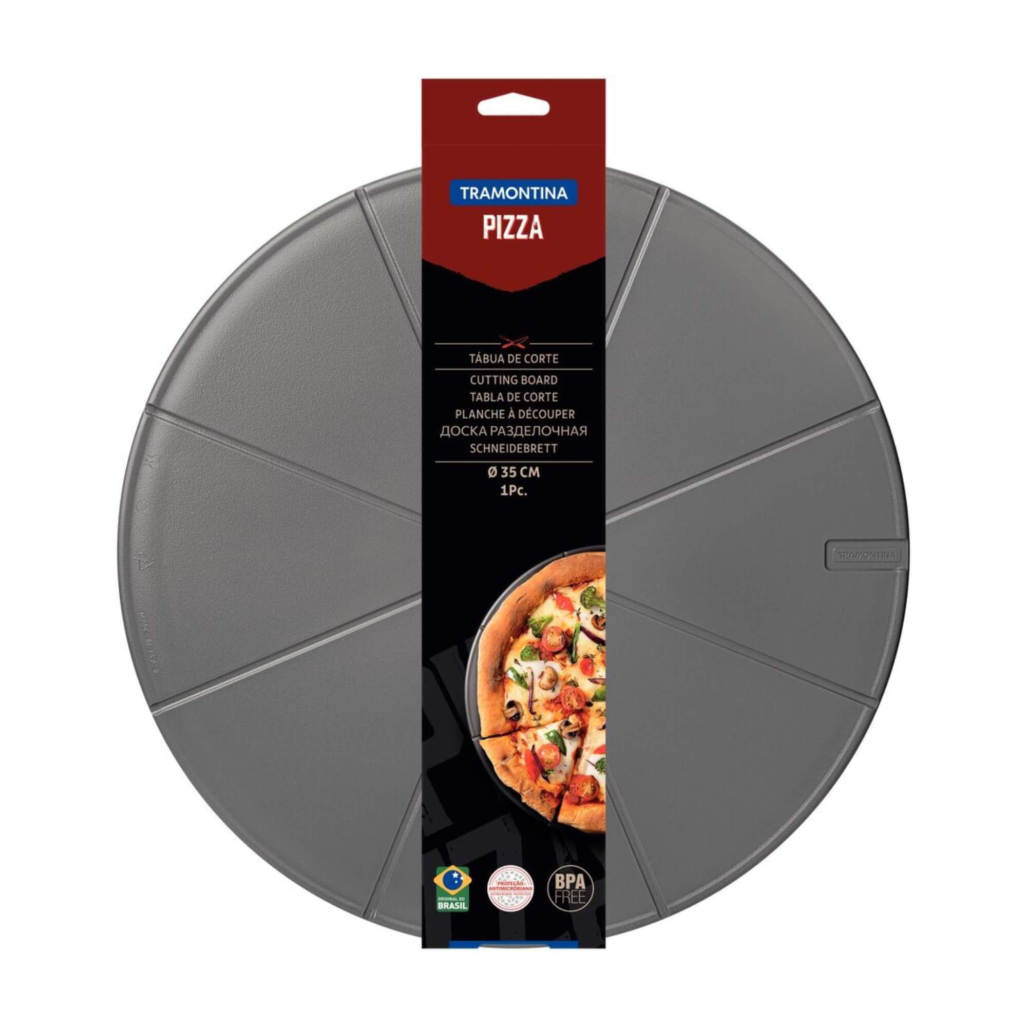 COMP Kit Pizza Tramontina Espátula Inox + Tábua de Corte para Pizza em Polipropileno Cinza