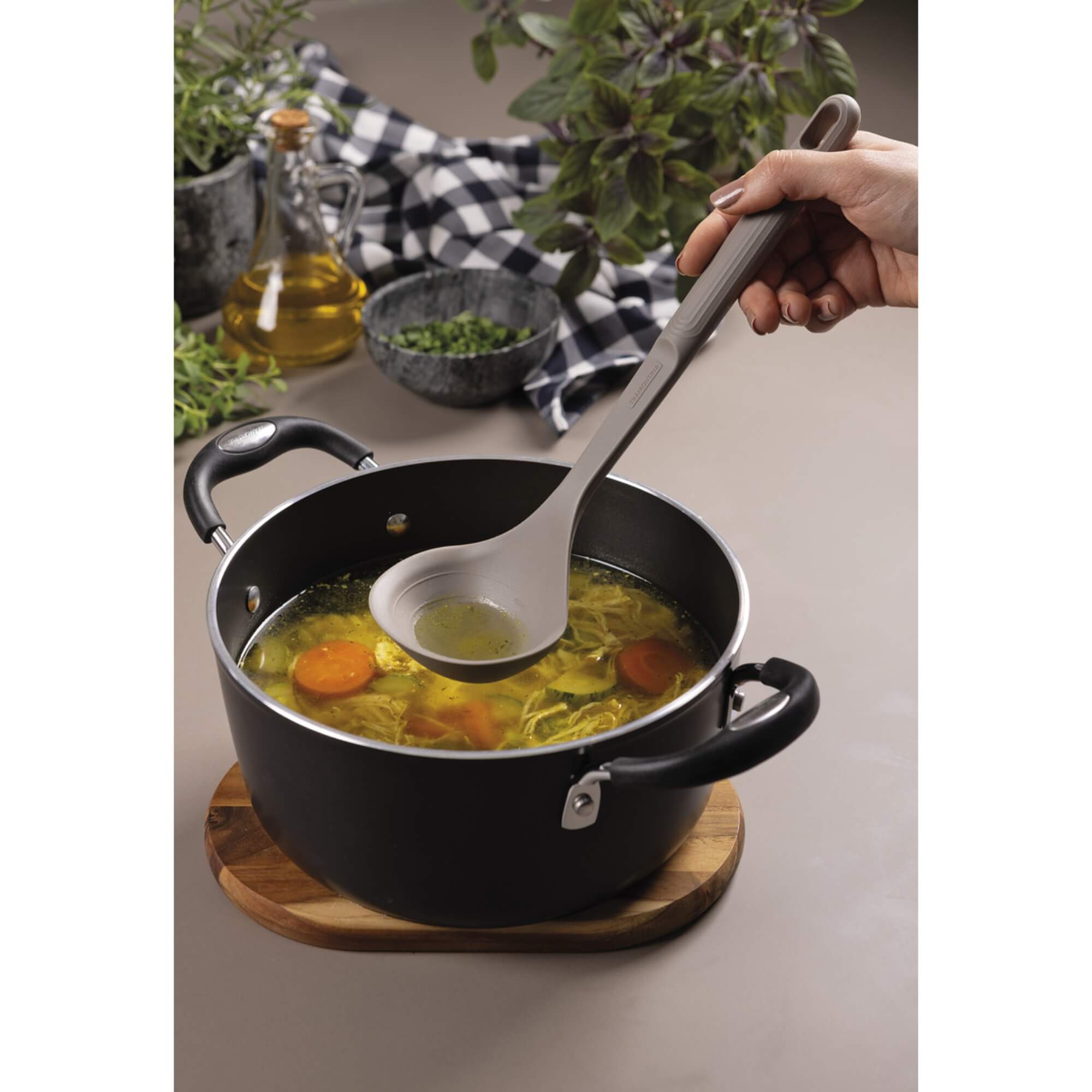 COMP Kit Utensílios Silicone Tramontina Softta Cinza Escumadeira, Colher, Concha e Espátula