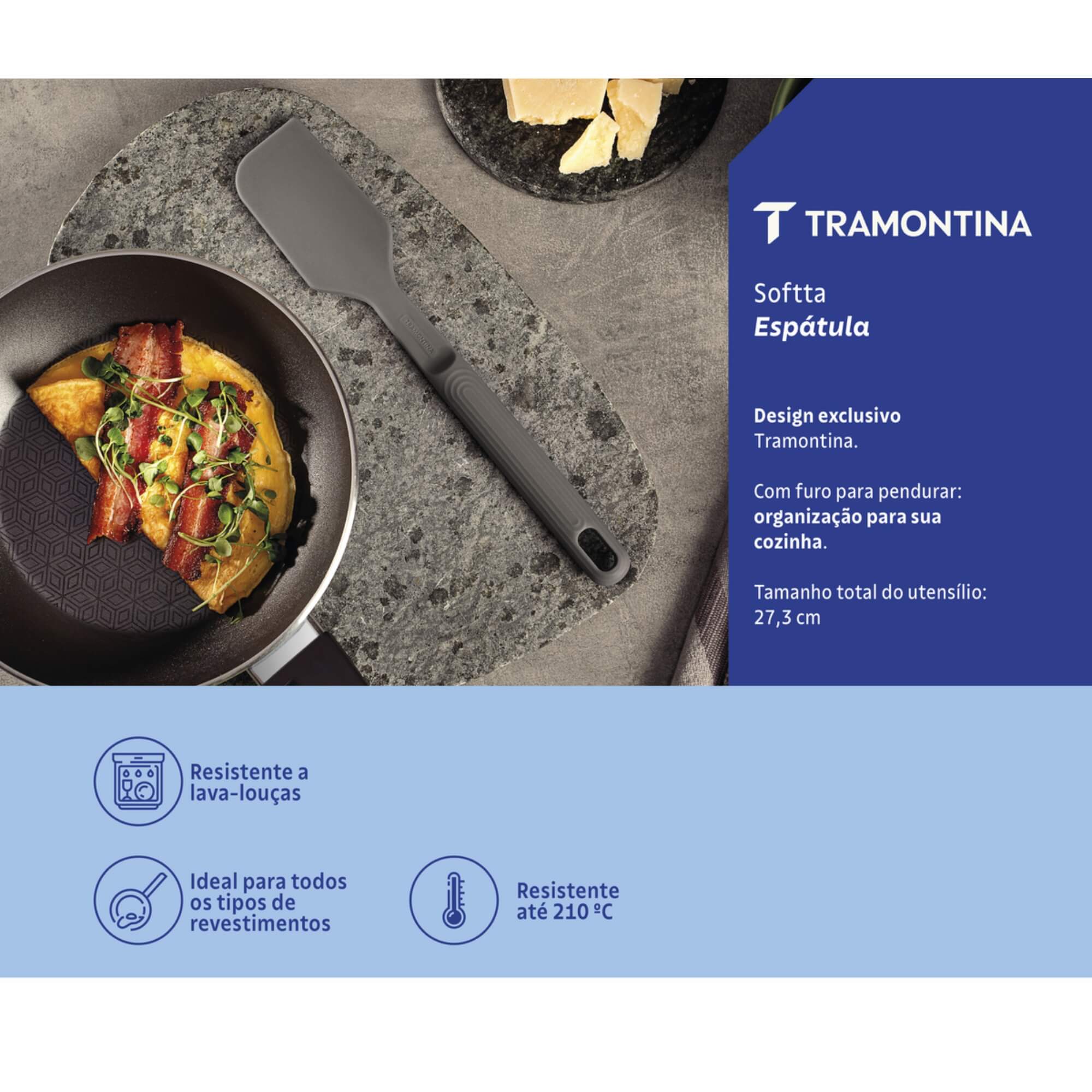 COMP Kit Utensílios Silicone Tramontina Softta Cinza Escumadeira, Colher, Concha e Espátula
