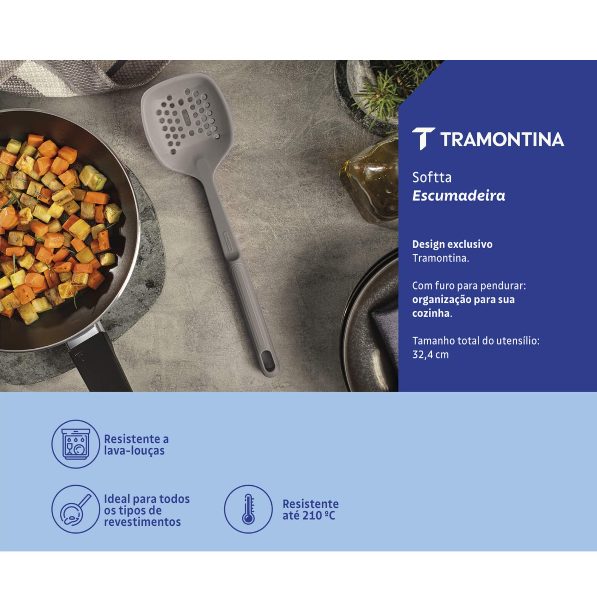 COMP Kit Utensílios Silicone Tramontina Softta Cinza Escumadeira, Colher, Concha e Espátula