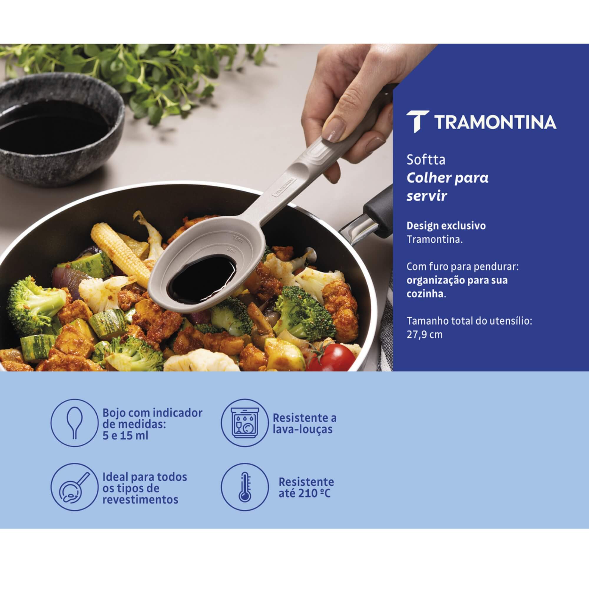 COMP Kit Utensílios Silicone Tramontina Softta Cinza Escumadeira, Colher, Concha e Espátula