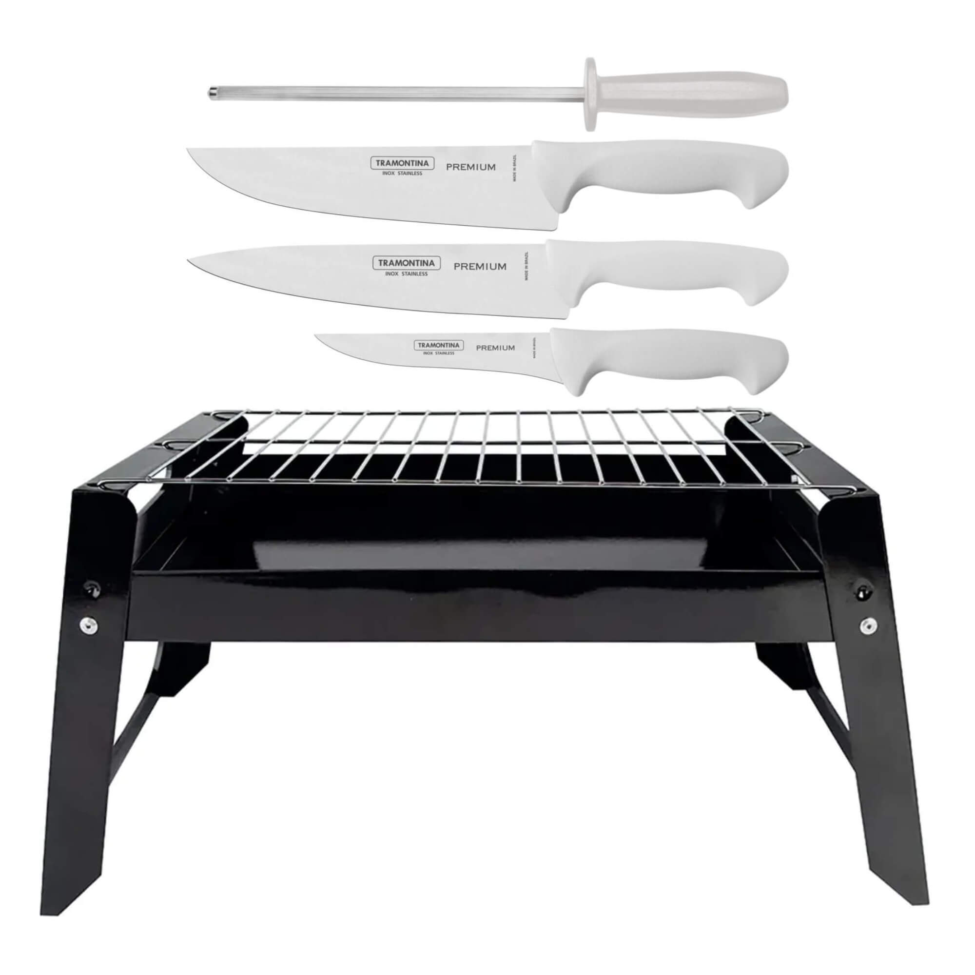 COMP Kit Churrasqueira Portátil + Jogos de Talheres para Churrasco 4 Peças Verão Praia Piscina