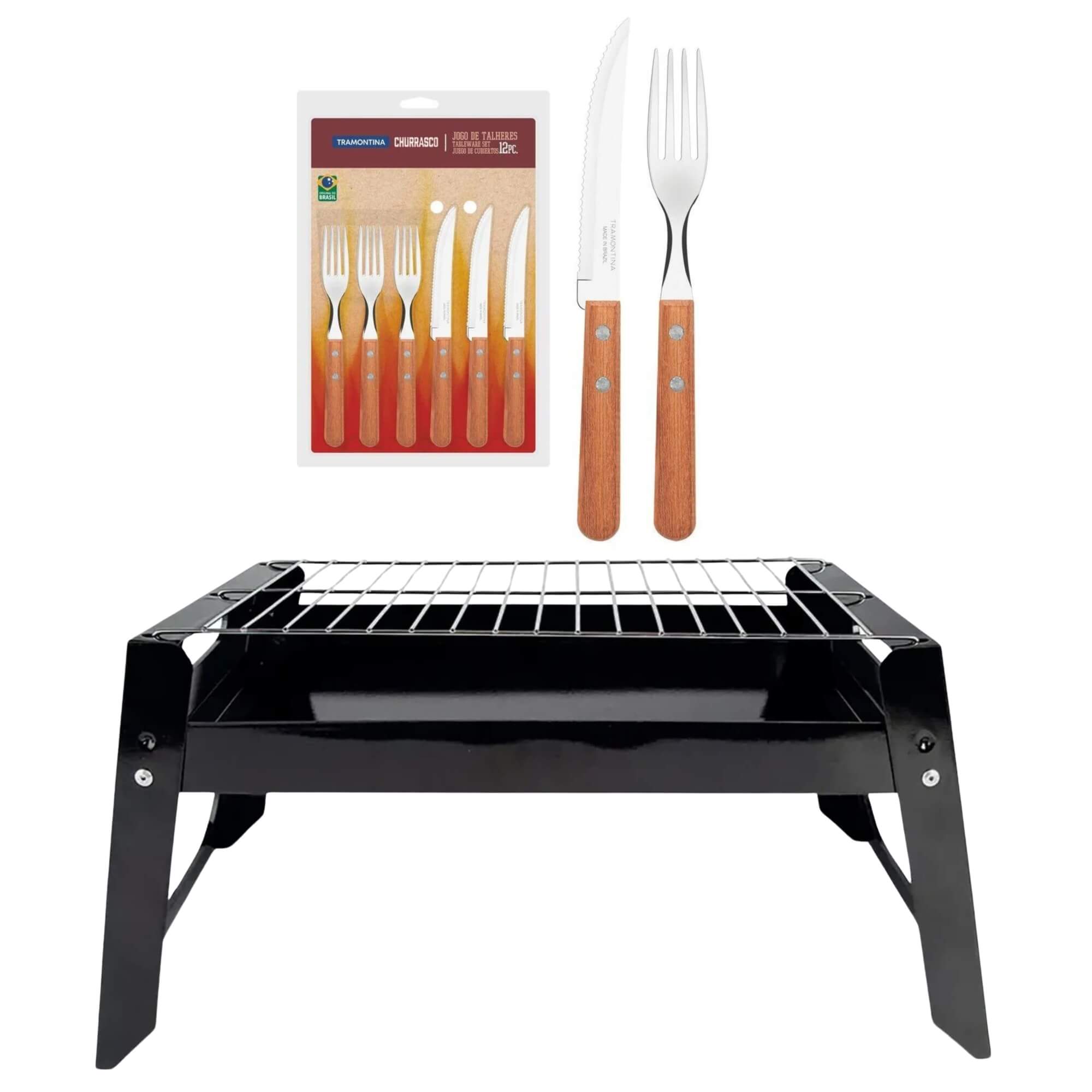 COMP Kit Churrasqueira Portátil + Jogos de Talheres para Churrasco 12 Peças Verão Praia Piscina