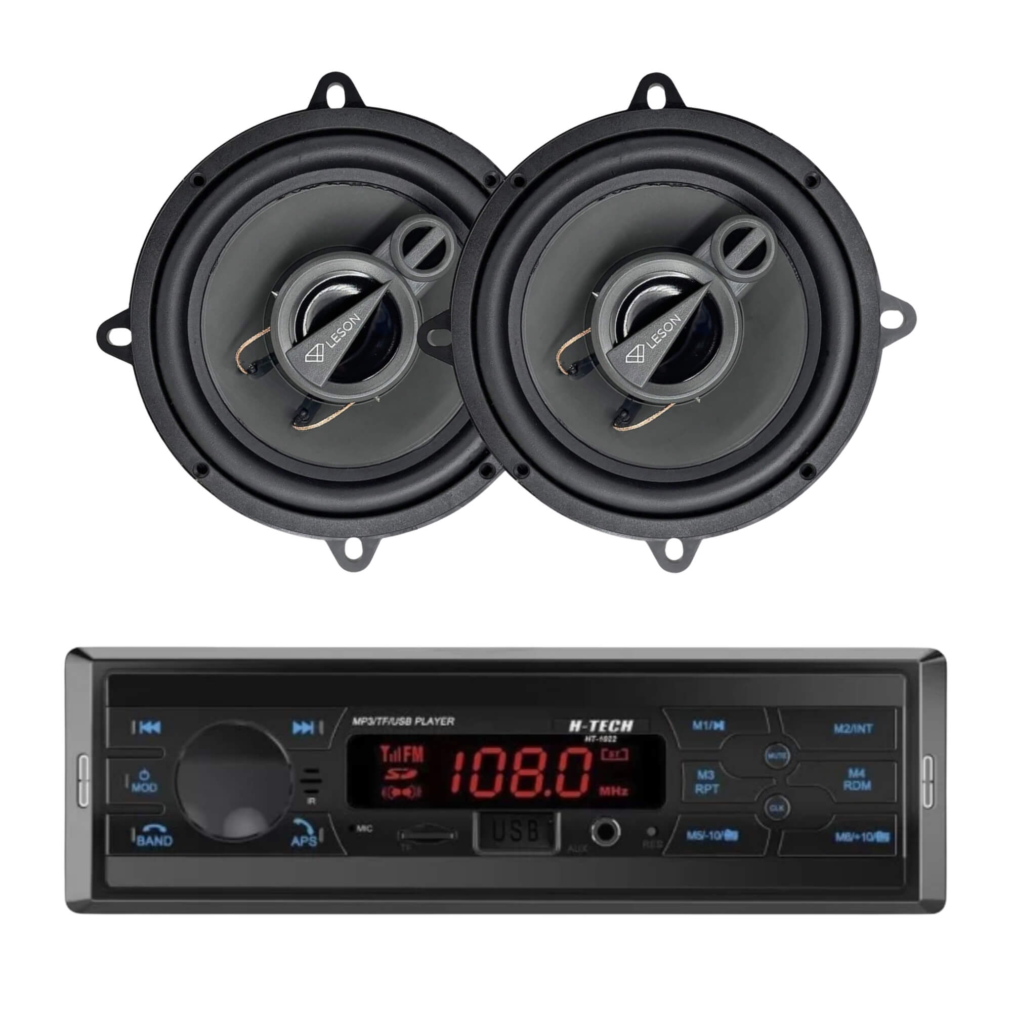 COMP Kit Som Automotivo: Rádio 1 Din Bluetooth H-Tech + Par Alto Falantes 5” Leson 280W 4Ohms