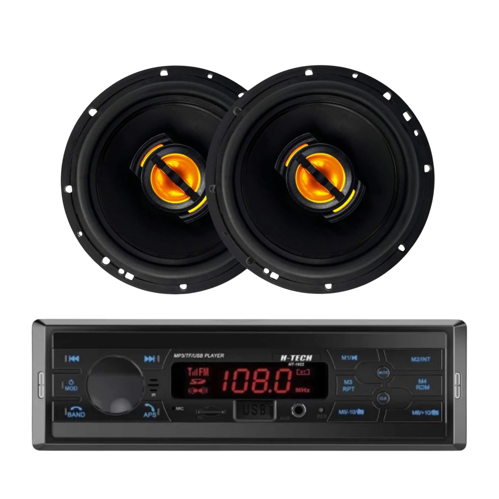 COMP Kit Som Automotivo Rádio 1 Din Bluetooth H-Tech + Alto-Falantes 6” Leson JB6 Flex 110W